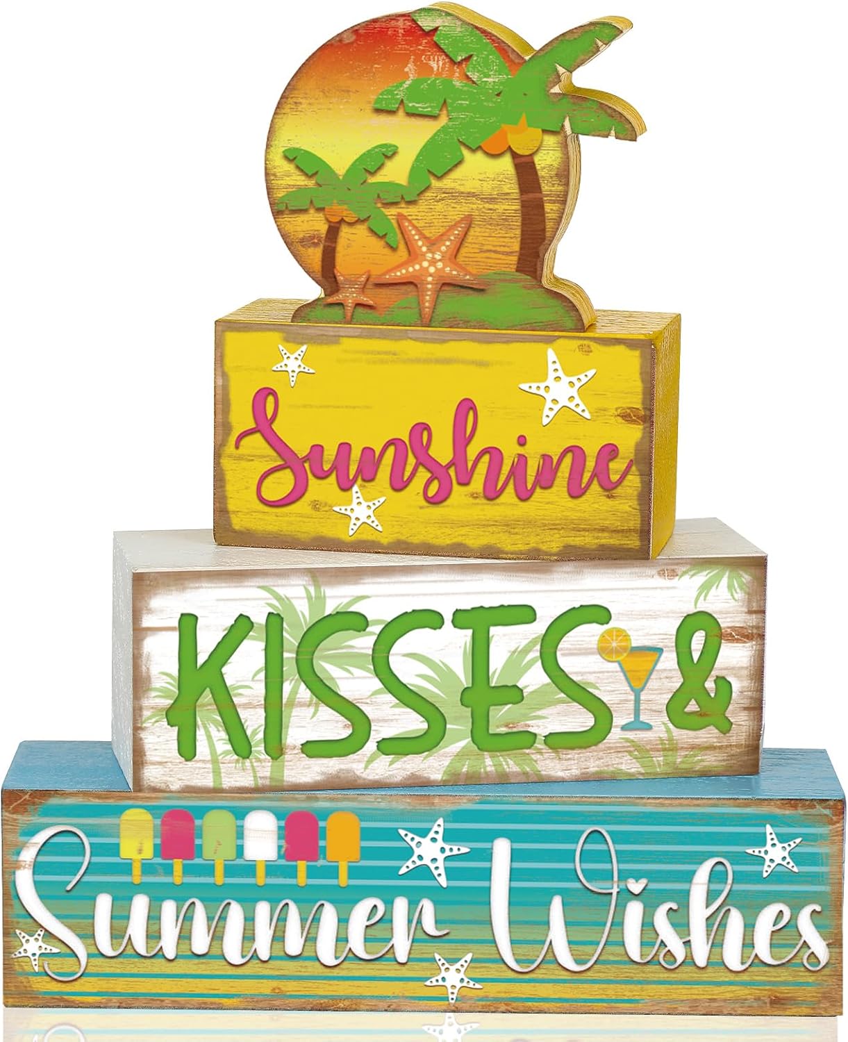 4 Pcs Hawaii Decoration Summer Tiered Tray Decor Sunshine Kisses Summer Wishes Wooden Sign Farmhouse Table Centerpiece Decorative Stack Faux Book Block for Table Fireplace Mantel Shelf