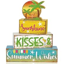 4 Pcs Hawaii Decoration Summer Tiered Tray Decor Sunshine Kisses Summer Wishes Wooden Sign Farmhouse Table Centerpiece Decorative Stack Faux Book Block for Table Fireplace Mantel Shelf