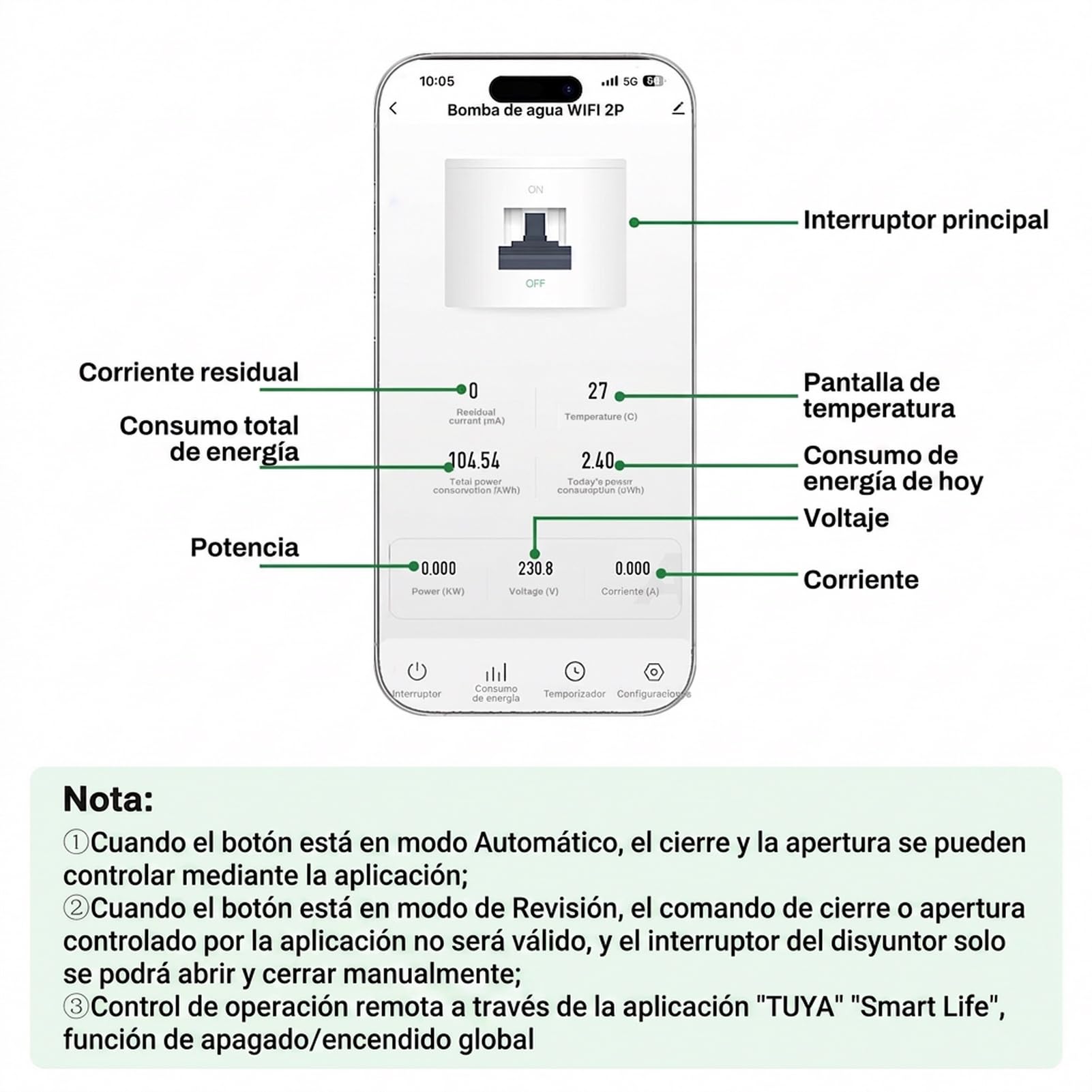 Disyuntor inteligente wifi 63A 30ma magnetotermico 380V 4P TUYA/Smart Life APP Recovery inteligente de reconexion interruptor Proteccion contra fugas contra fugas por subtension.