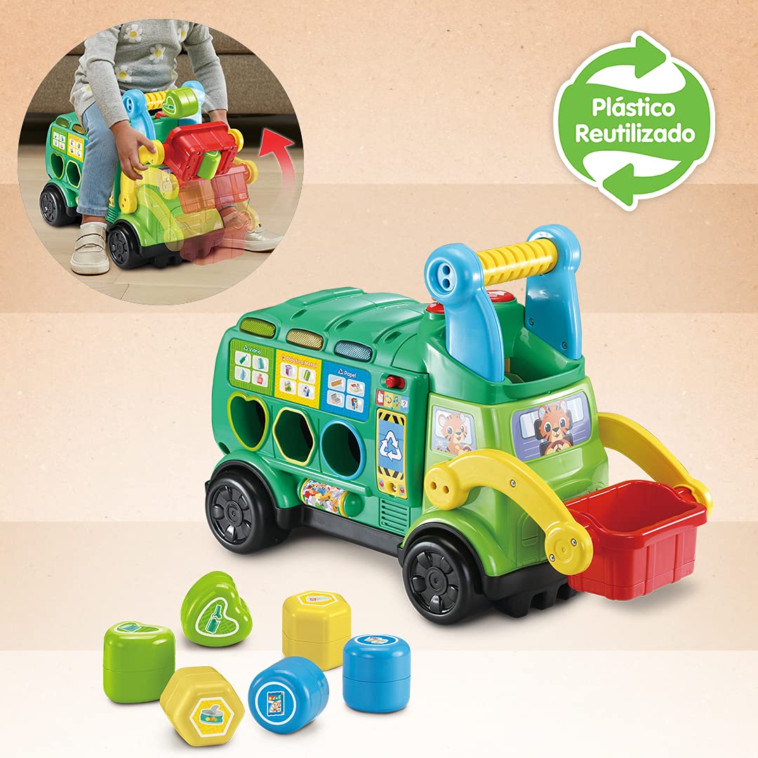 VTech - Camión de Reciclaje, Juguetes ecológicos para niños +18 Meses, Aprende a Reciclar, correpasillos montador Fabricado en plástico reutilizado - Versión ESP (3480-541822)