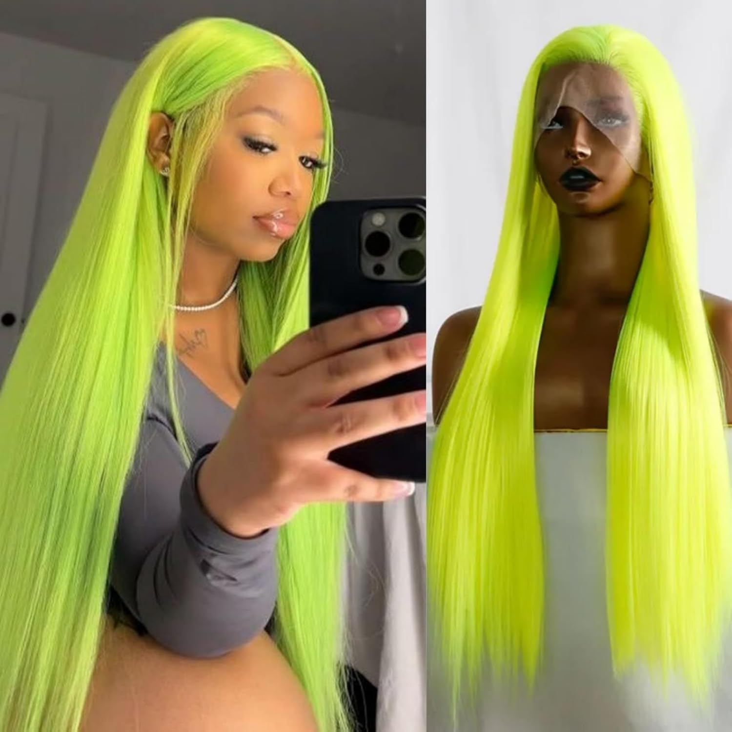 Neon Green Wigs for Women Long Straight Synthetic Lace Front Wig Glueless Natural Hairline Colored Fluorescent Green Hair Replacement Wigs for Daily Party Cosplay, 24 Inch
