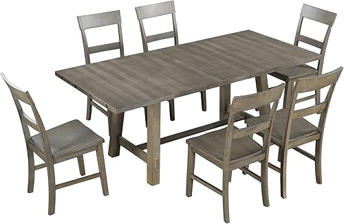 Miniatura 3 de Juego de 7 piezas de estilo industrial retro extensible de 18 pulgadas y seis maderas, incluye 1 mesa, 6 sillas, para comedor, sala de estar y