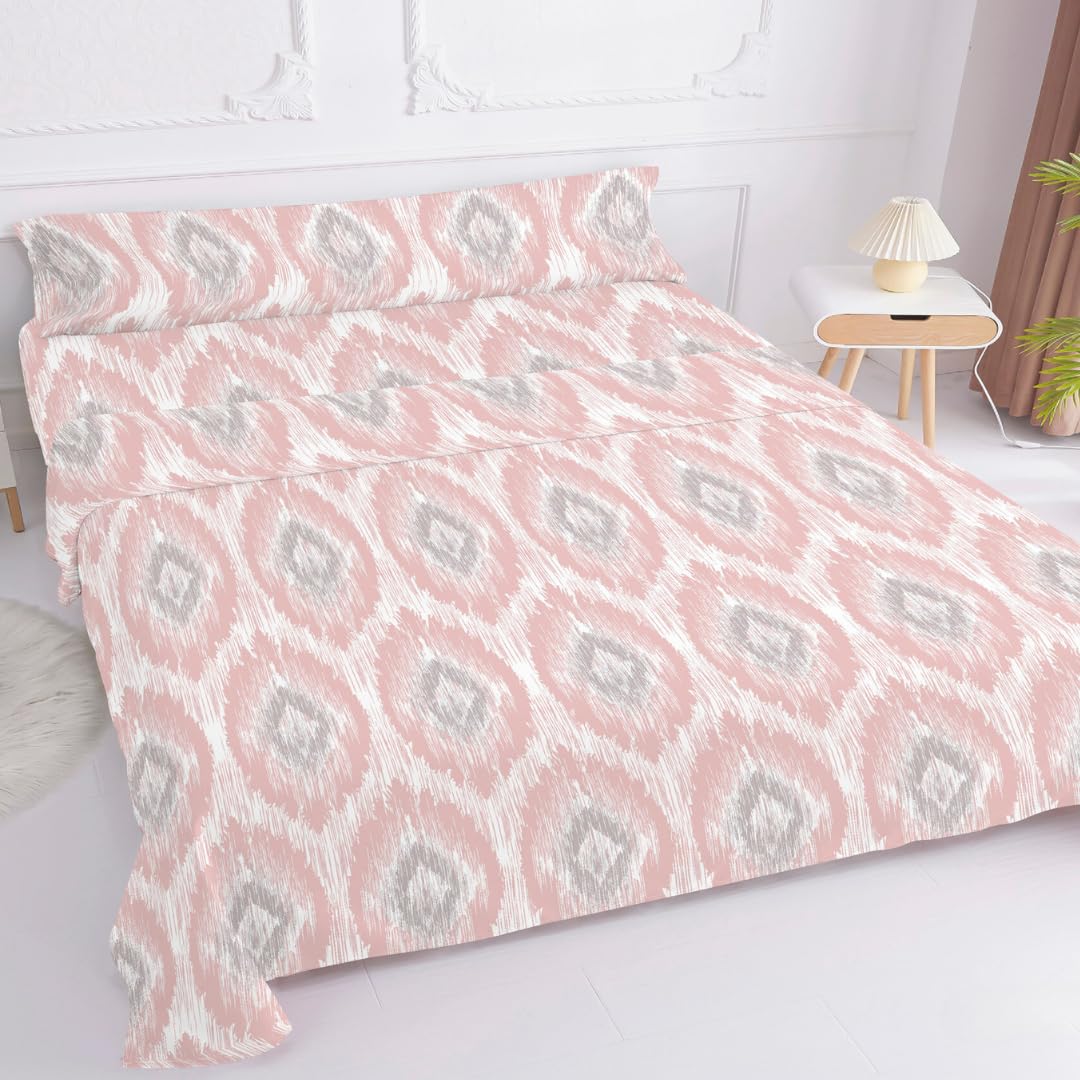 KUMY Juego de Sábanas 3 Piezas Sábana Bajera, Sábana Encimera y Funda de Almohada, Poliéster Microfibra, Suave y Transpirable (Geometría Rosa, Cama 90)