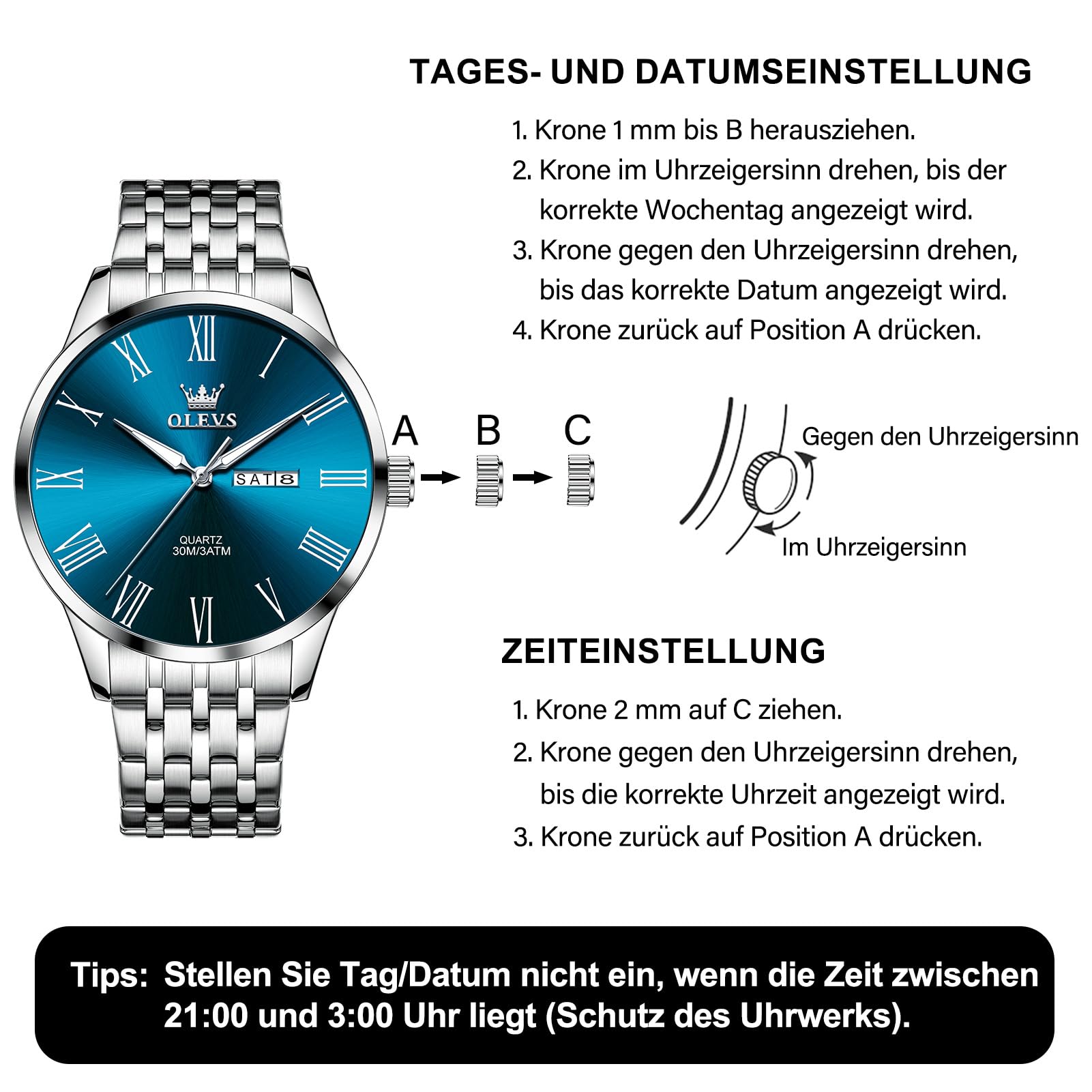 OLEVS Uhr Herren, Silber Analoger Quarz Edelstahl Wasserdicht Herrenuhren, Klassisches Großgesicht Herren Kleid Uhr, Minimalismus Leuchtend Tag Datum Herrenuhren