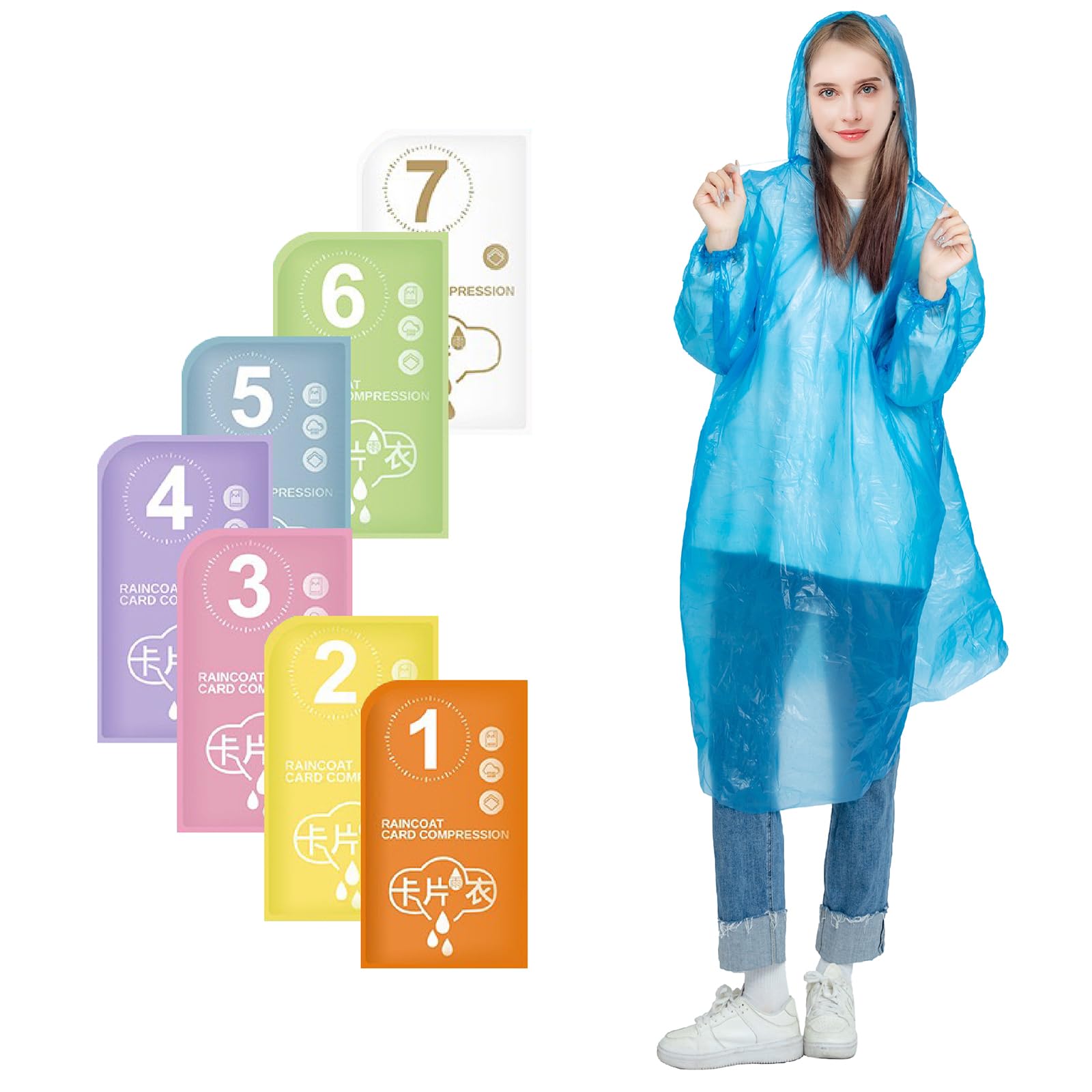 Set di 7poncho antipioggia trasparente poncho pioggia donna uomo impermeabile con cappuccio trasparente e polsini elastici, impermeabile monouso per escursioni in bicicletta campeggio,