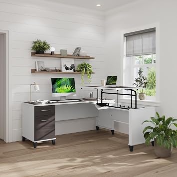 Bush Furniture Somerset 72W 3 Position Sit to Stand Adjustable Standing L Shaped Desk in White and Storm Gray, Ergonomic Corner Computer Office Table