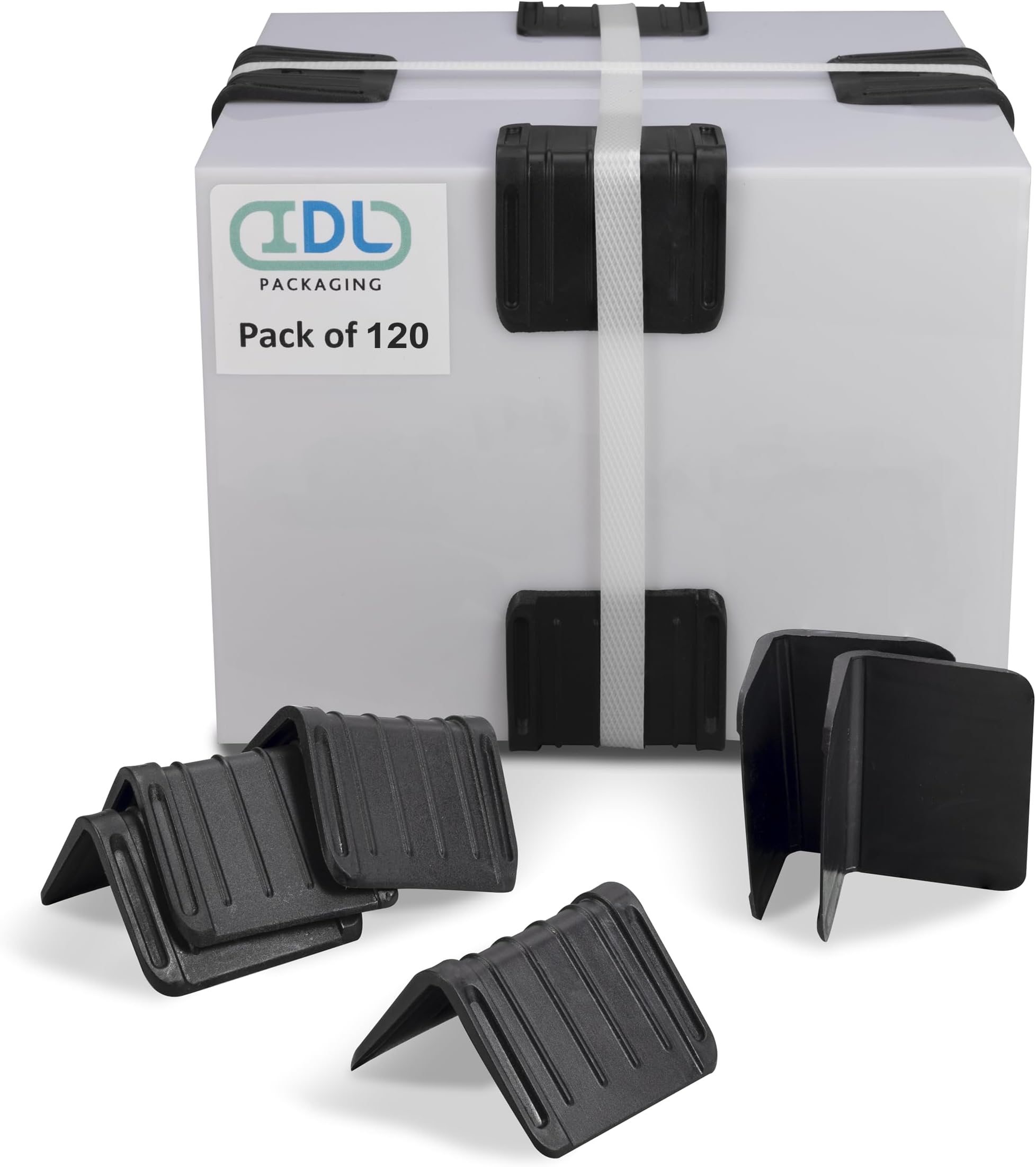 IDL Packaging 2.25" x 1.75" Plastic Edge Protectors for up to 1" Strapping, Black Color (Pack of 120) – Reusable Strap Corner Protector with Anti-Slip Ribbed Channels – Durable and Tough Strap Guards