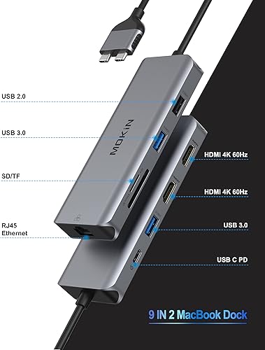Miniatura 2 de Estación de acoplamiento para MacBook Pro Dual Monitor MacBook Pro HDMI, 9 en 1 adaptadores USB C para MacBook Pro Air Mac HDMI Dock Dongle Dual USB