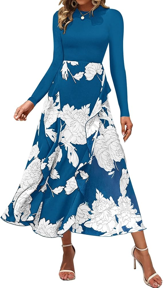 BTFBM Womens Floral Maxi Dress Fall 2025 Casual Crewneck Long Sleeve Ruffle Flowy Cocktail Wedding Guest Dresses