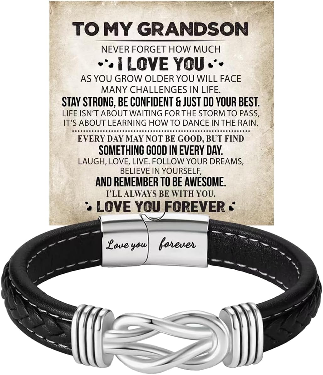 To My Son Grandson Bracelet, Infinity Knot Love You Forever Linked Together Handmade Leather Bracelets Mens Birthday Weave Gift Jewelry