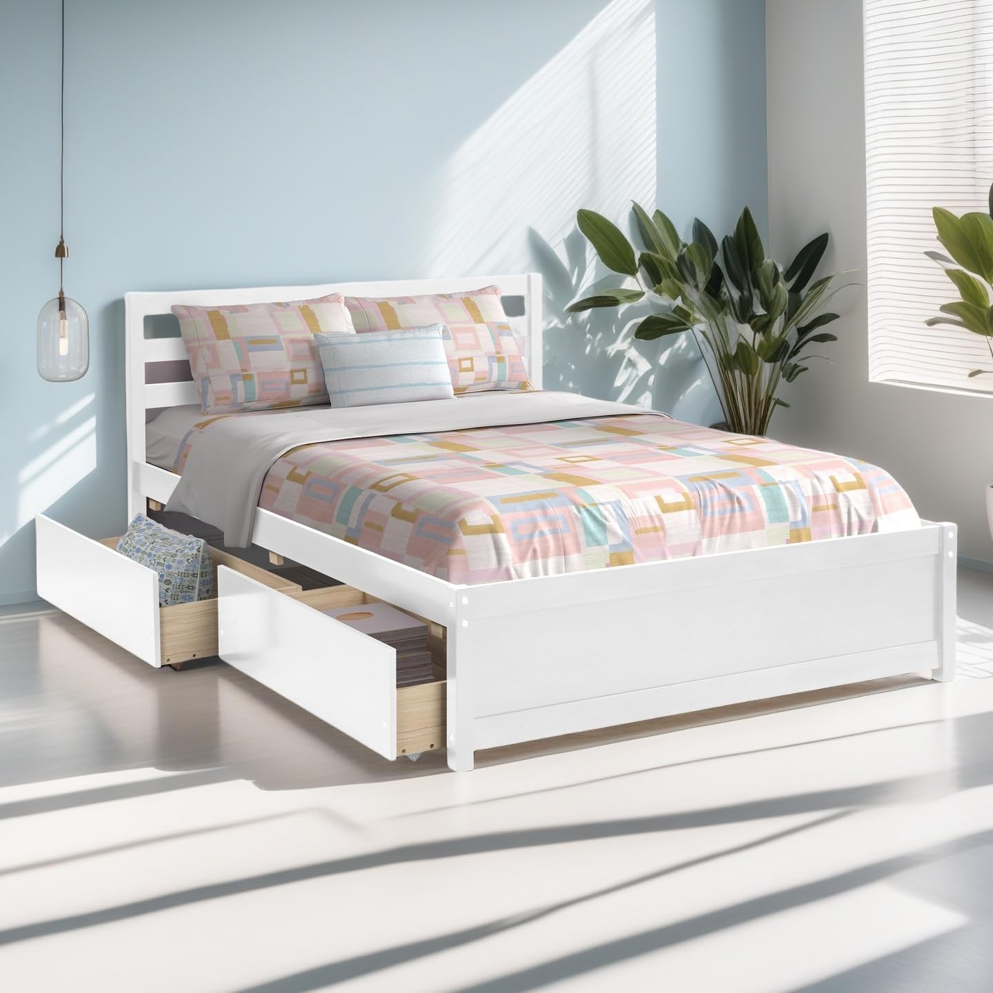 White Full Size Bed Frame with Headboard, Solid Wood Platform Bed with 4 Storage Drawers, Wooden Slats Mattress Foundation for Kids, Teens, Adults, No Spring Needed, Easy Assembly (White, Full)