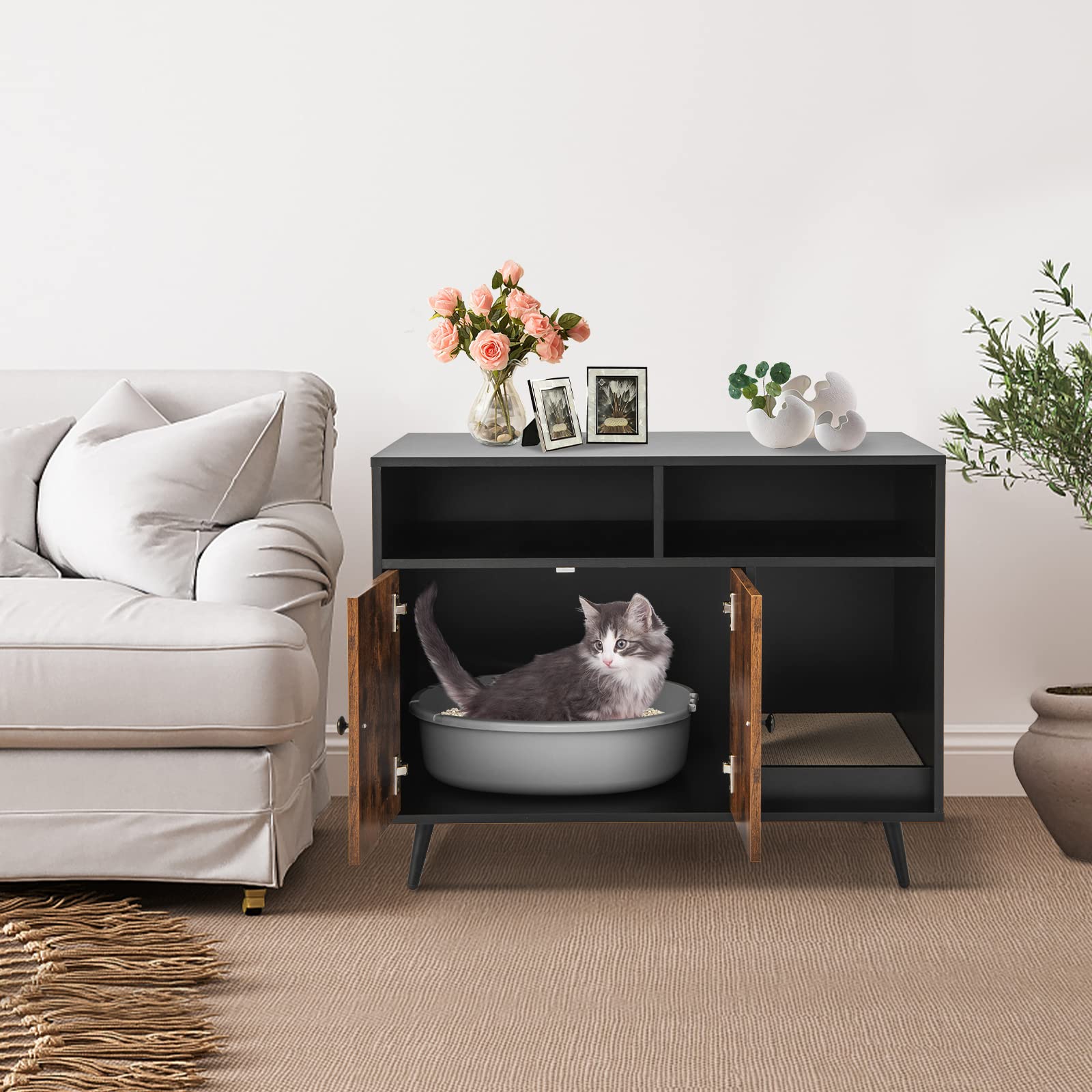 COSTWAY Meuble Litière Chat avec Griffoir Industriel, Maison de Toilette Chat Anti-basculement 2 Étagères de Rangement, Pieds Métalliques Inclinées, 90x50x70cm