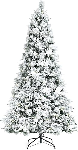 Árbol de Navidad artificial flocado de nieve de 7 pies, árbol de vacaciones con bisagras con soporte de metal plegable, 919 puntas de rama, bayas
