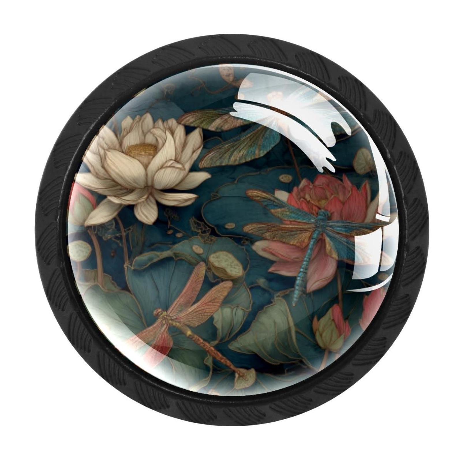 CHENZZZZ 4 Pieces Dresser Knobs Fantasy Dragonflies and Lotus Flowers (2) Drawer knobs Cabinet Knobs Pull Handles for Home Kitchen Office