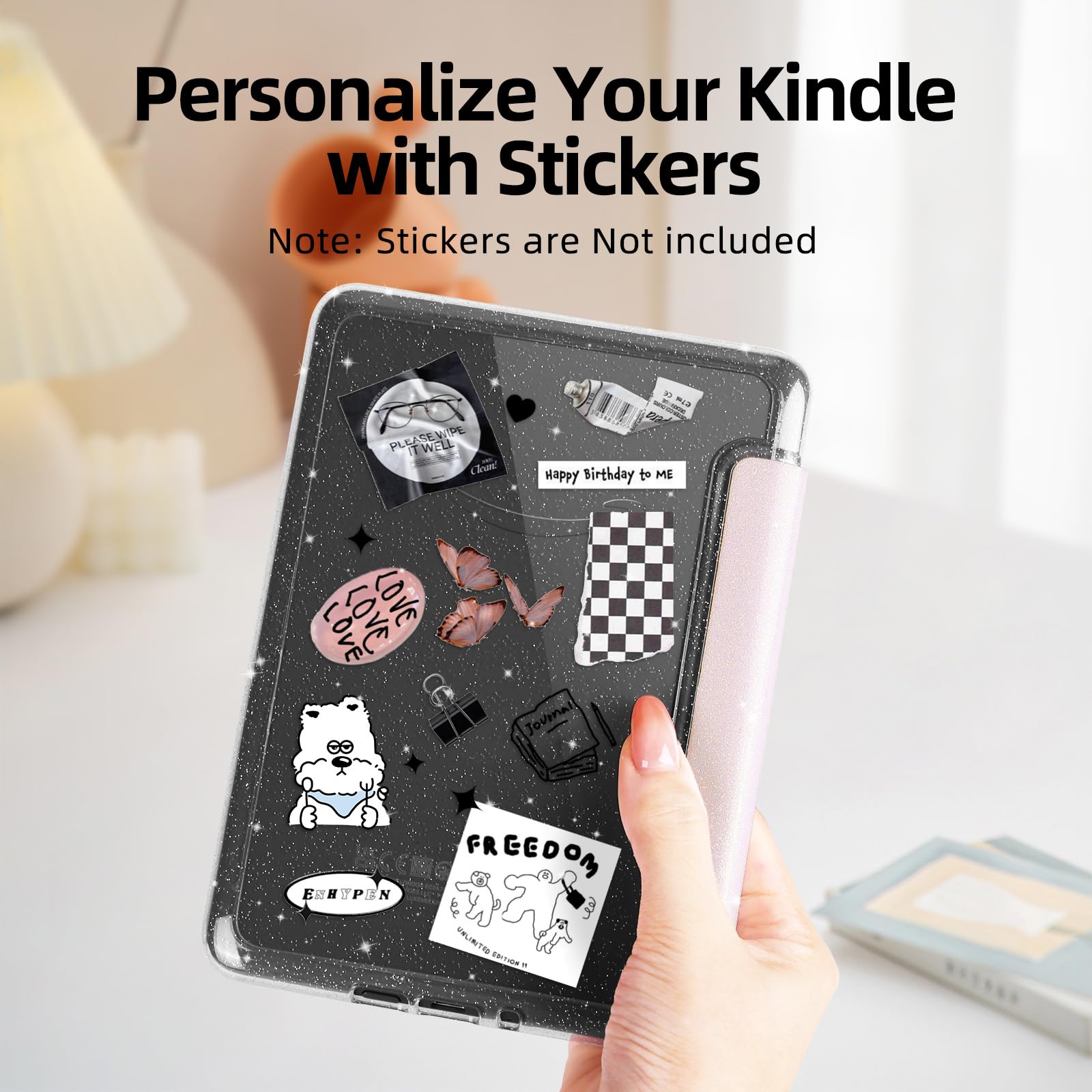 Custodia glitterata per Kindle Paperwhite da 6" (10a generazione 2018, modello n. PQ94WIF), custodia in pelle PU Lihght e retro rigido trasparente, con funzione sleep/wake automatica, rosa