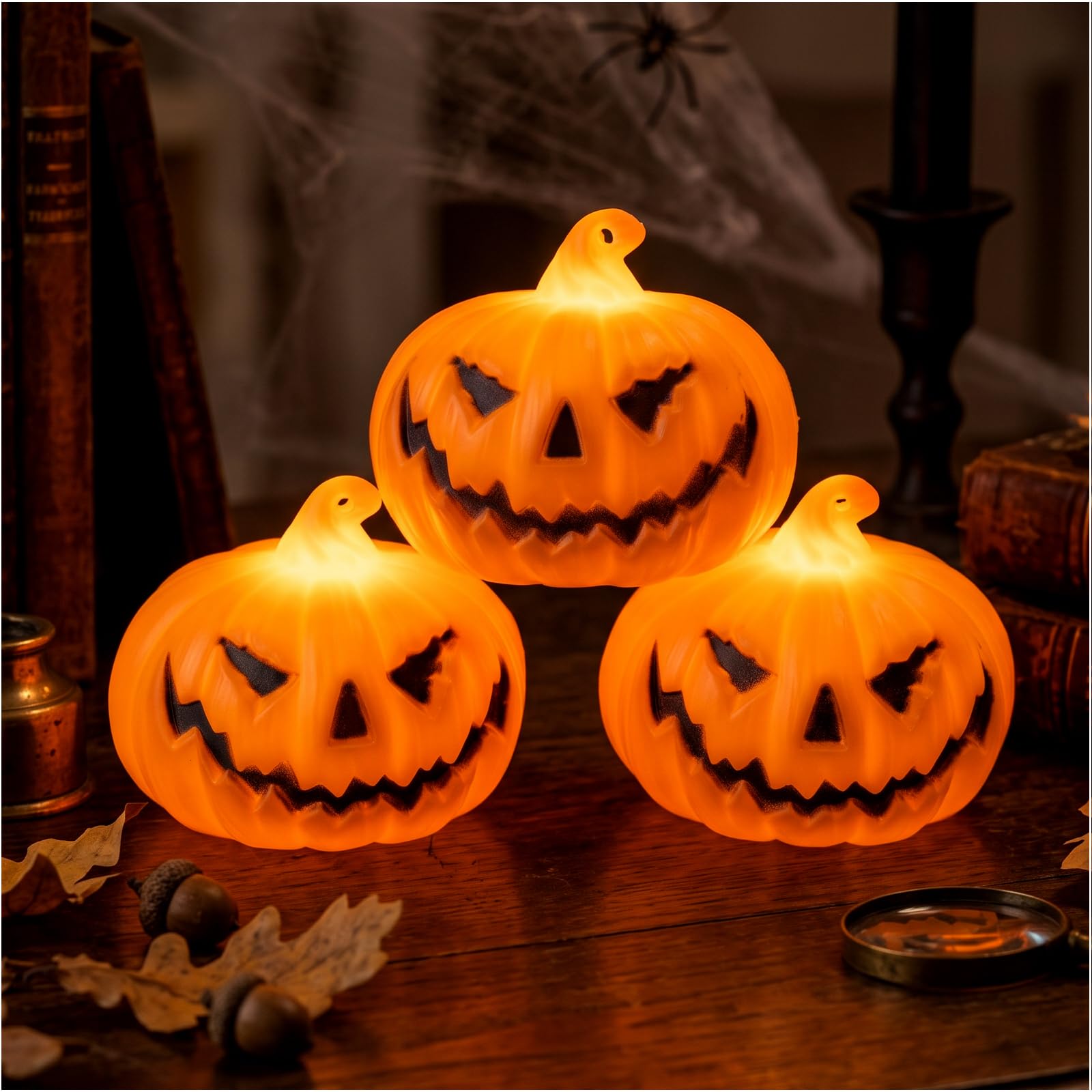 FACHOI Pumpkin Tealight Candles, Flameless Halloween Decorations, 3 Pack