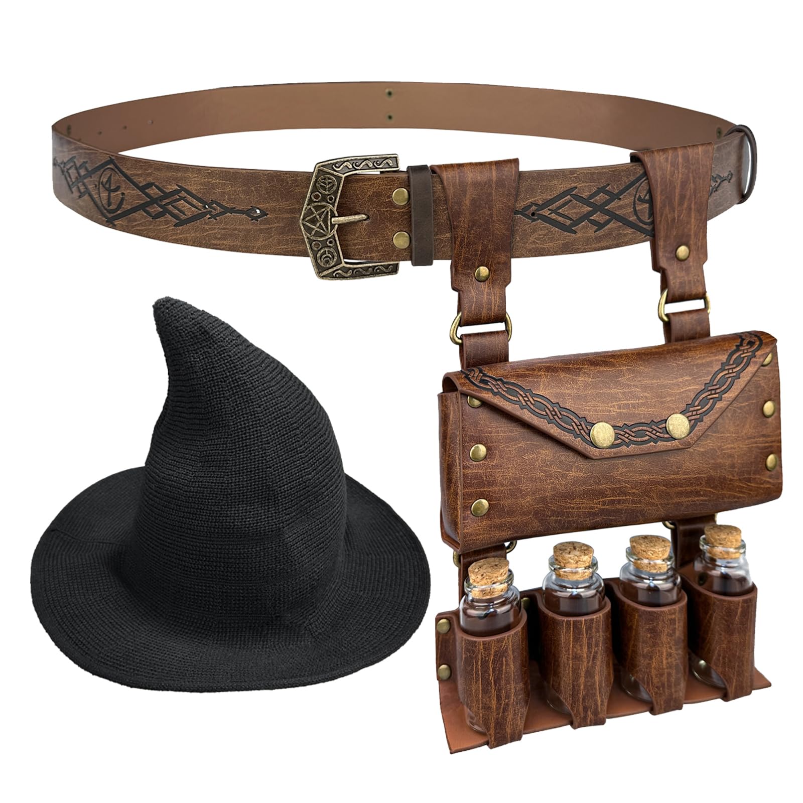 HiiFeuer Medieval Faux Leather Alchemy Set, Witch Pointed Hat for Women, Fantasy Wizard Belt with Potion Vials Waist Pouch (Brown A)