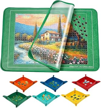 Jigsaw Puzzle Board, 1000 Pieces Jigsaw Board with Clear Cover and 6 Puzzle Sorting Trays, Portable & Sturdy Jigsaw Board, Jigsaw Mat Puzzle Mat for Easy Move and Store for Adults Green