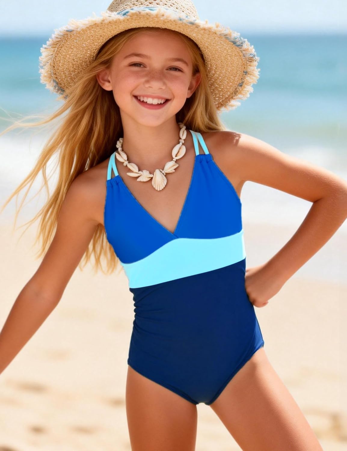 Girls Swimsiut One-Piece Bathing Suit Adjustable Straps Color Block Swimwear Summer Beach Wear Size 7-16 - Image 3