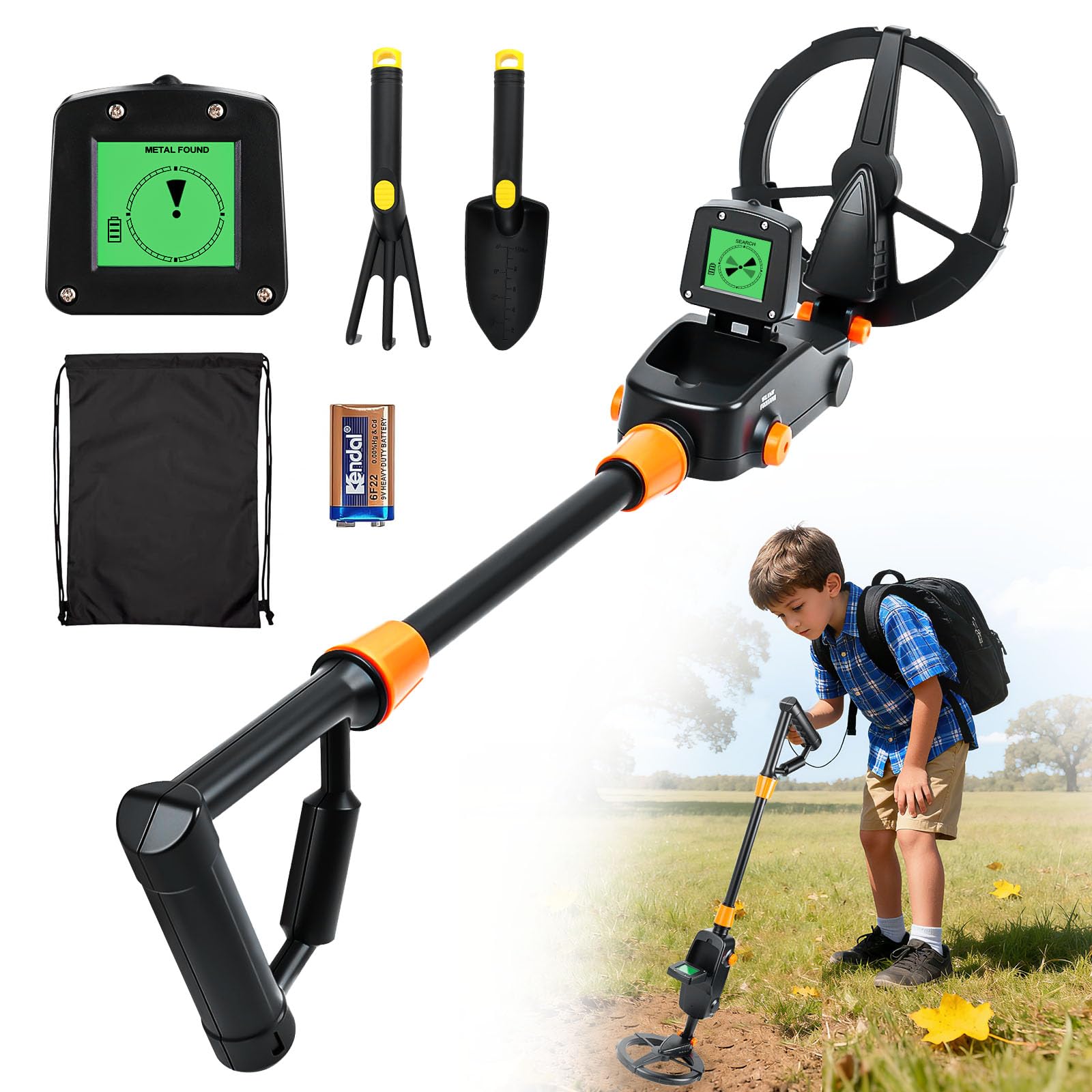 Metalldetektor Kinder, Metal Detector mit LCD und Tonanzeige, Leichtgewicht Metalldetektor Set mit wasserdichter Suchspule, mit Schaufel, Rechen und Rucksack, für Kinder oder Anfänger