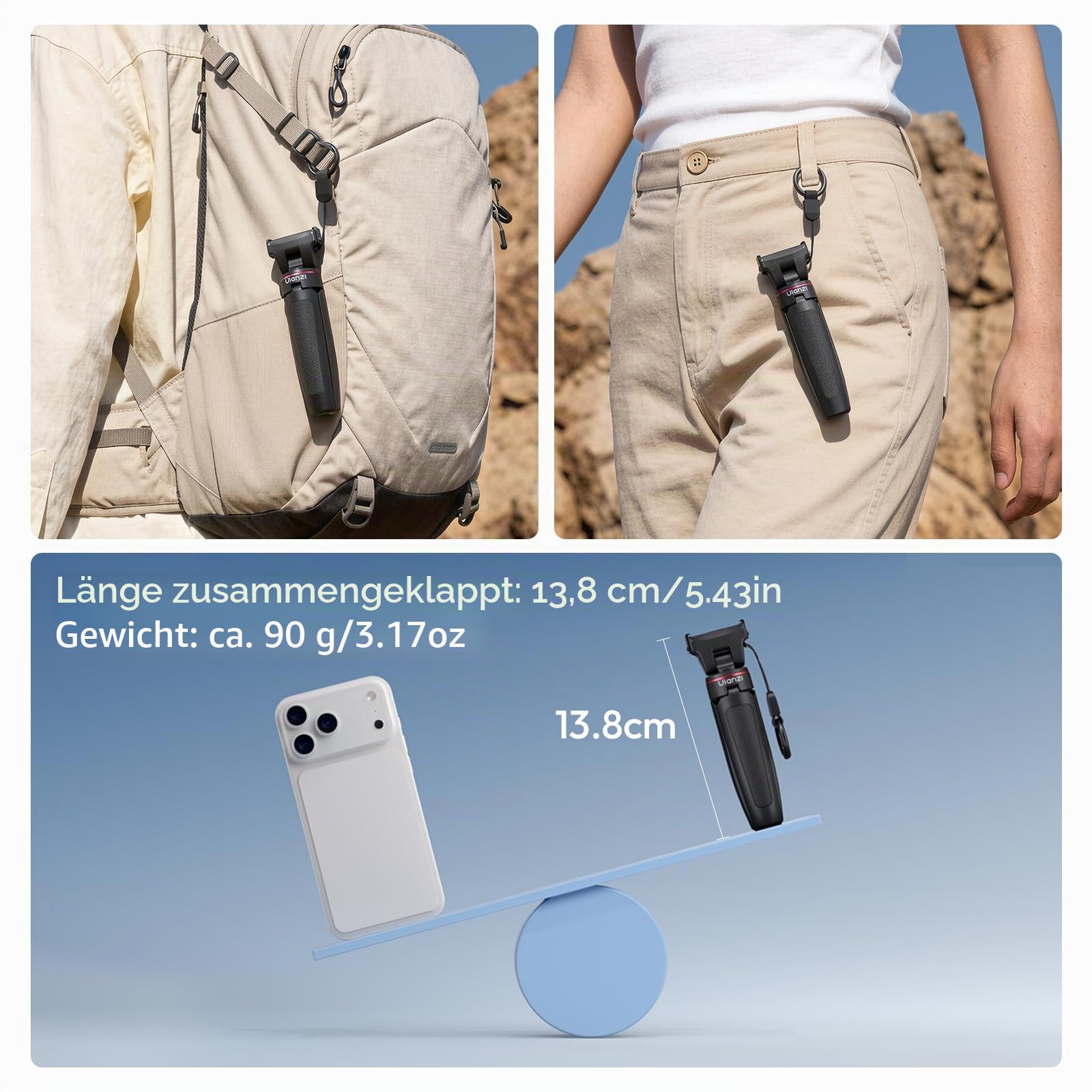 ULANZI MT99 Mini Stativ mit Magnetischer Schnellverschluss für DJI Osmo Action 6/Nano, 2-in-1 Selfie Stick Stativ, Leicht und tragbar, 26cm Action Kamera Stativ - 3-teilige Teleskopstange