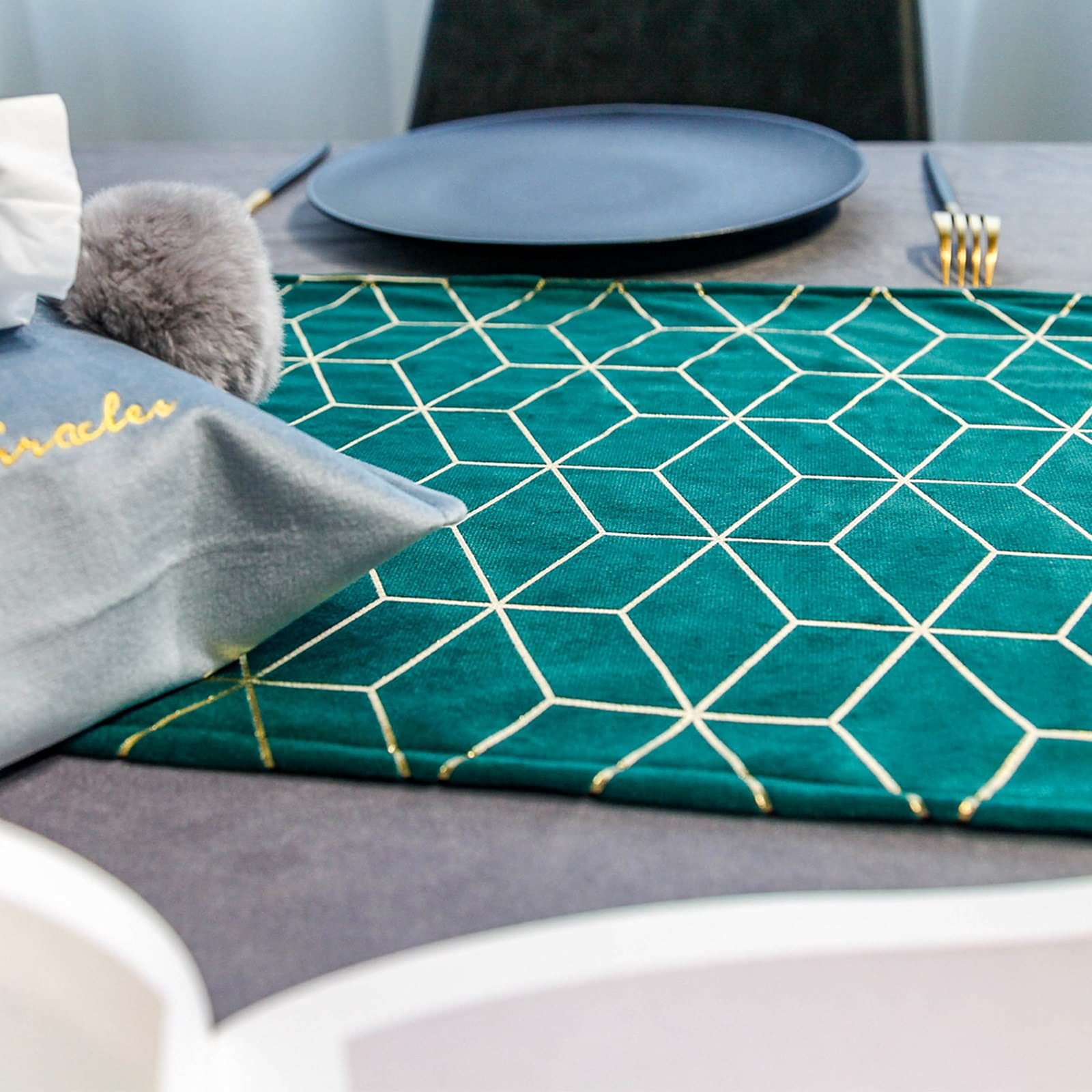 Modern Decorative Table Runner, 32x240cm Oro Verde Patrón de Rombo de Terciopelo Simple Terciopelo Decoración para Mesa de Salon