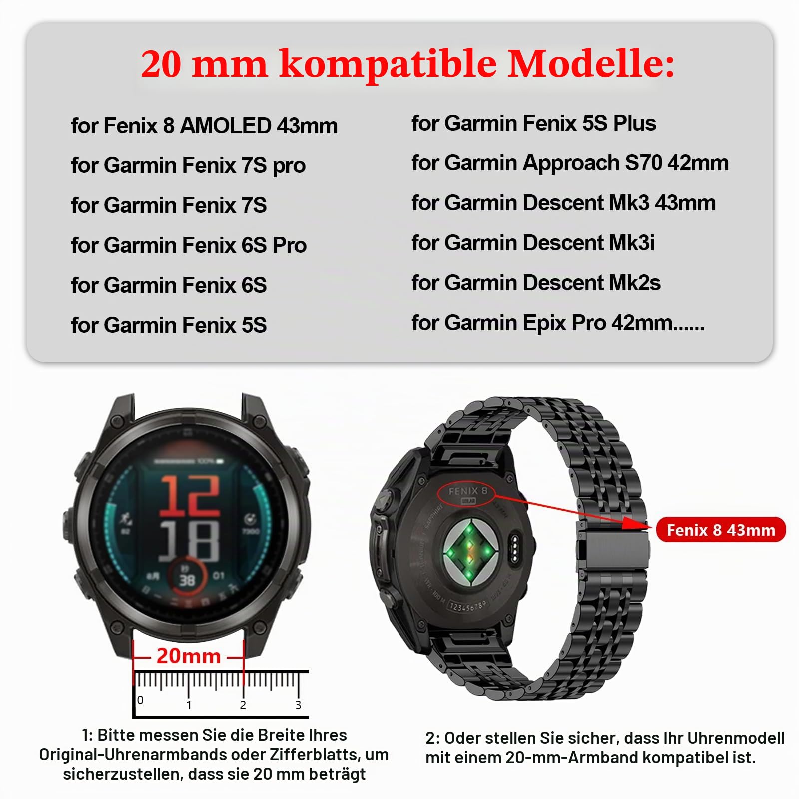 20mm Edelstahl Armband Kompatibel mit Garmin Fenix 8 AMOLED 43mm/Fenix 7S/7S Pro/6S/6S Pro/5S/5S Plus,Metall Quickfit Uhrarmband für Epix Pro/Approach S70 42mm/Descent Mk3/Mk3i 43mm/Mk2s