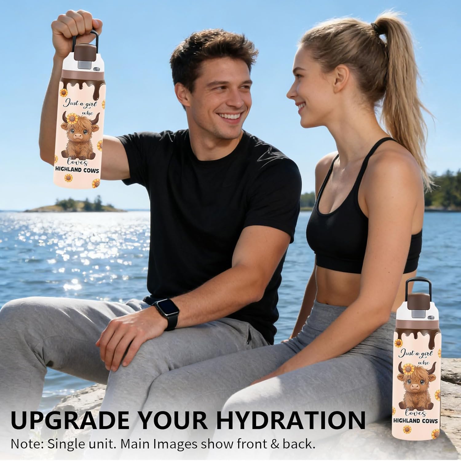 Cow 32oz Water Bottle Gifts for Women, Stainless Steel Insulated Tumbler with Handle & 2-in-1 Leak Proof Locking Lid for Outdoor Sports, Birthday Gift for Her Wife Daughter