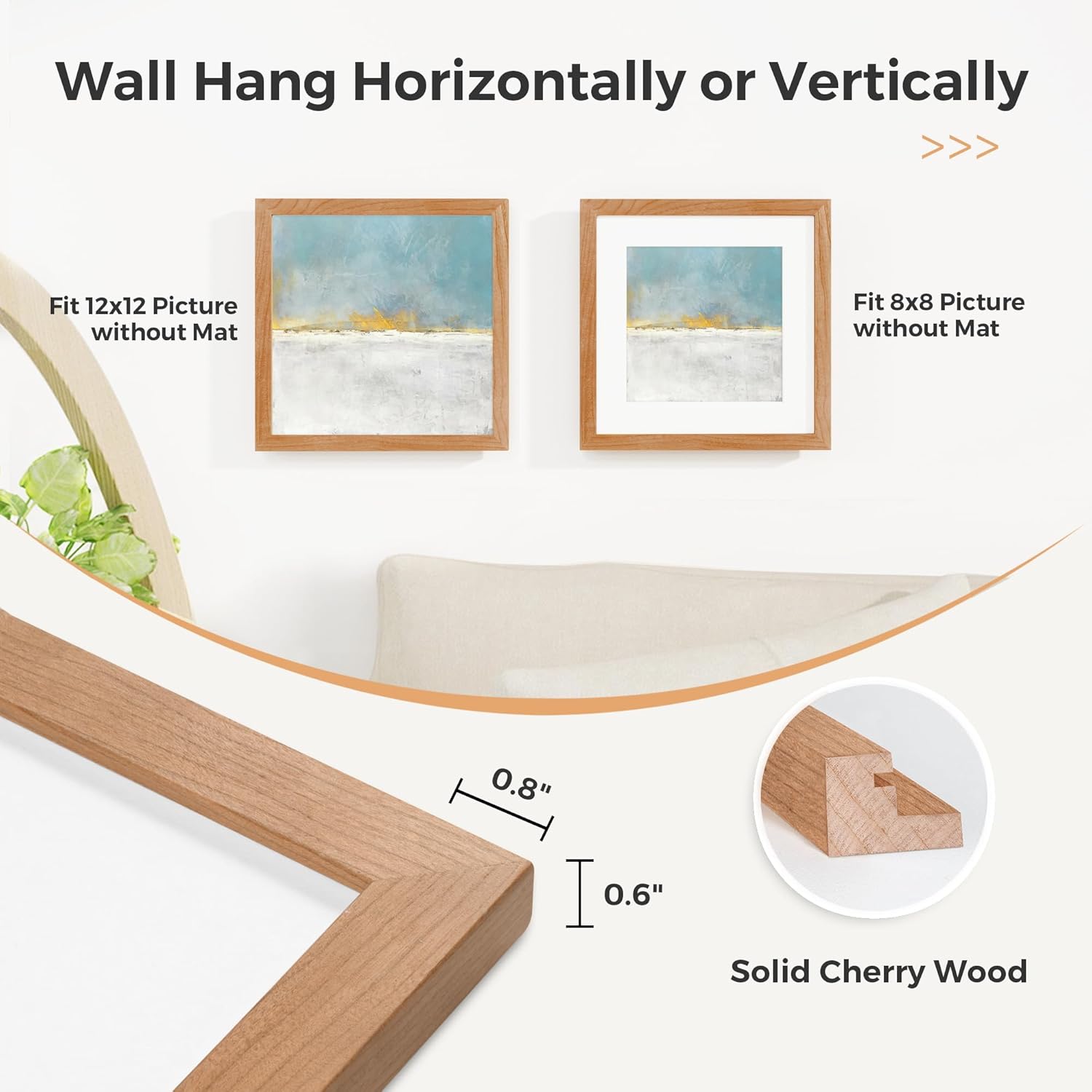 Acovy 12x12 Picture Frame - Solid Wood Cherry Frame, 12"x12" Matte to 8x8, Square HD Tempered Glass, Wall Mountable (Natural Cherry Color, 1 Pack)