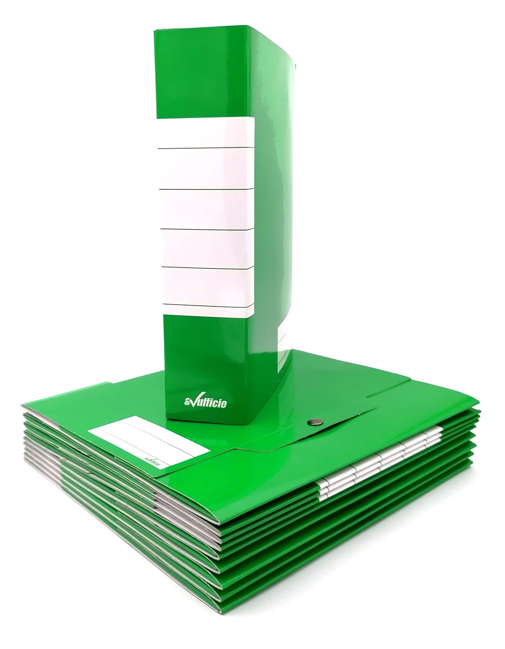 Cartella Porta Progetto in Cartoncino Rivestito, Finitura Lucida, Chiusura 3 Bottoni, Formato 25x35 cm, Dorso 8 cm, Colore Verde, Confezione da 10 Pezzi