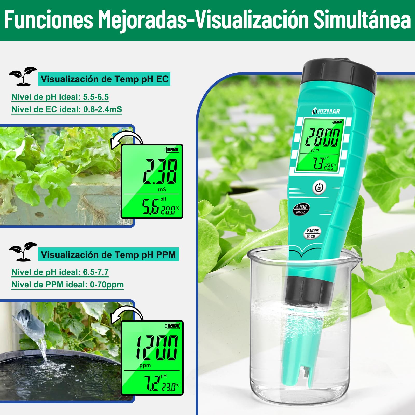 Medidor de pH EC Hidroponia UIUZMAR, Medidor de pH de Agua Digital, Medidor de pH y TDS para Cultivo Hidroponia, Medición Simultánea de pH, EC y TDS para Aeroponía, Acuarios, Estanques y Peceras