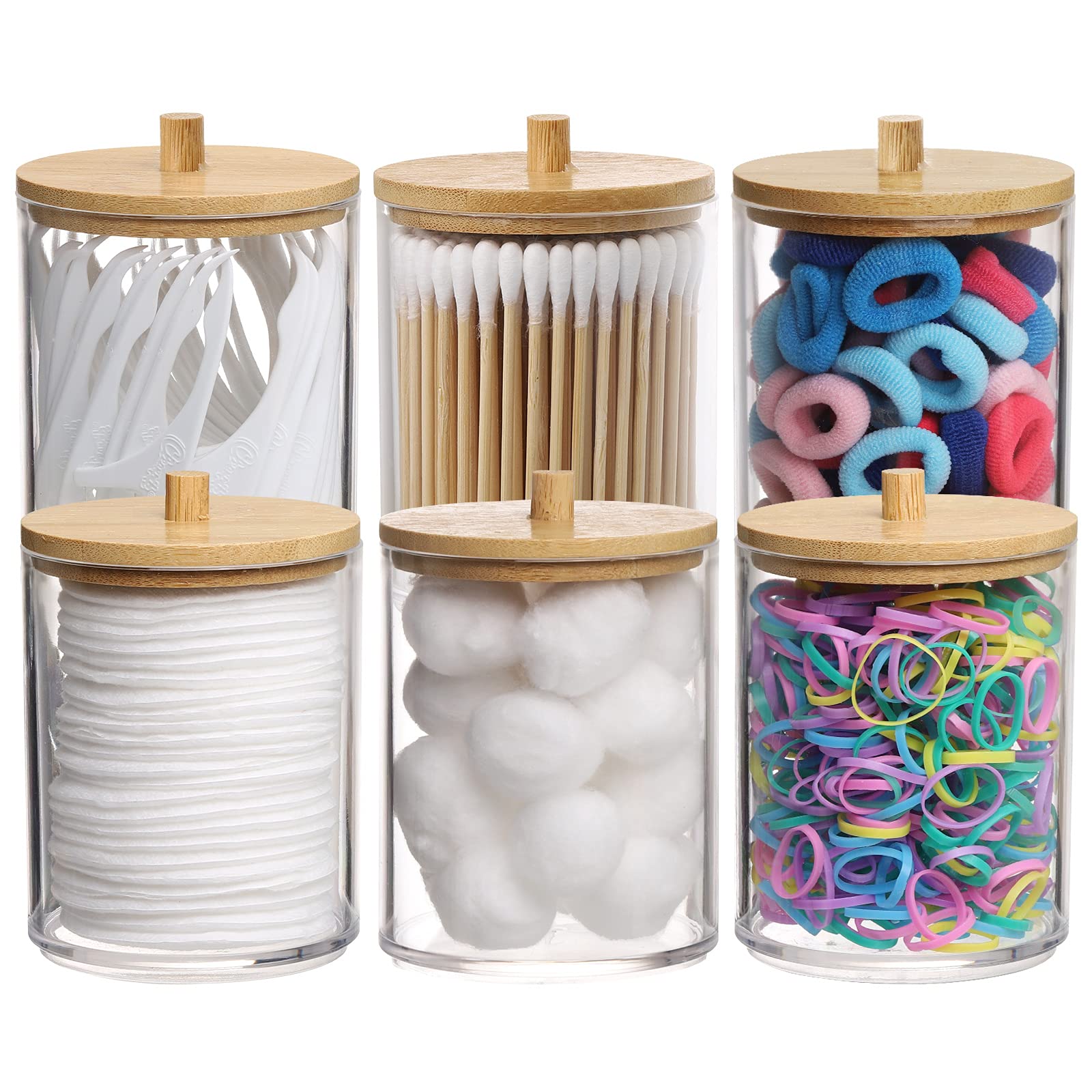 Tbestmax 6 Pack Qtip Holder, 10-Ounce Apothecary Jars with Bamboo Lids for Cotton Ball Swab Pad Dispenser, Bathroom Canisters Organizer