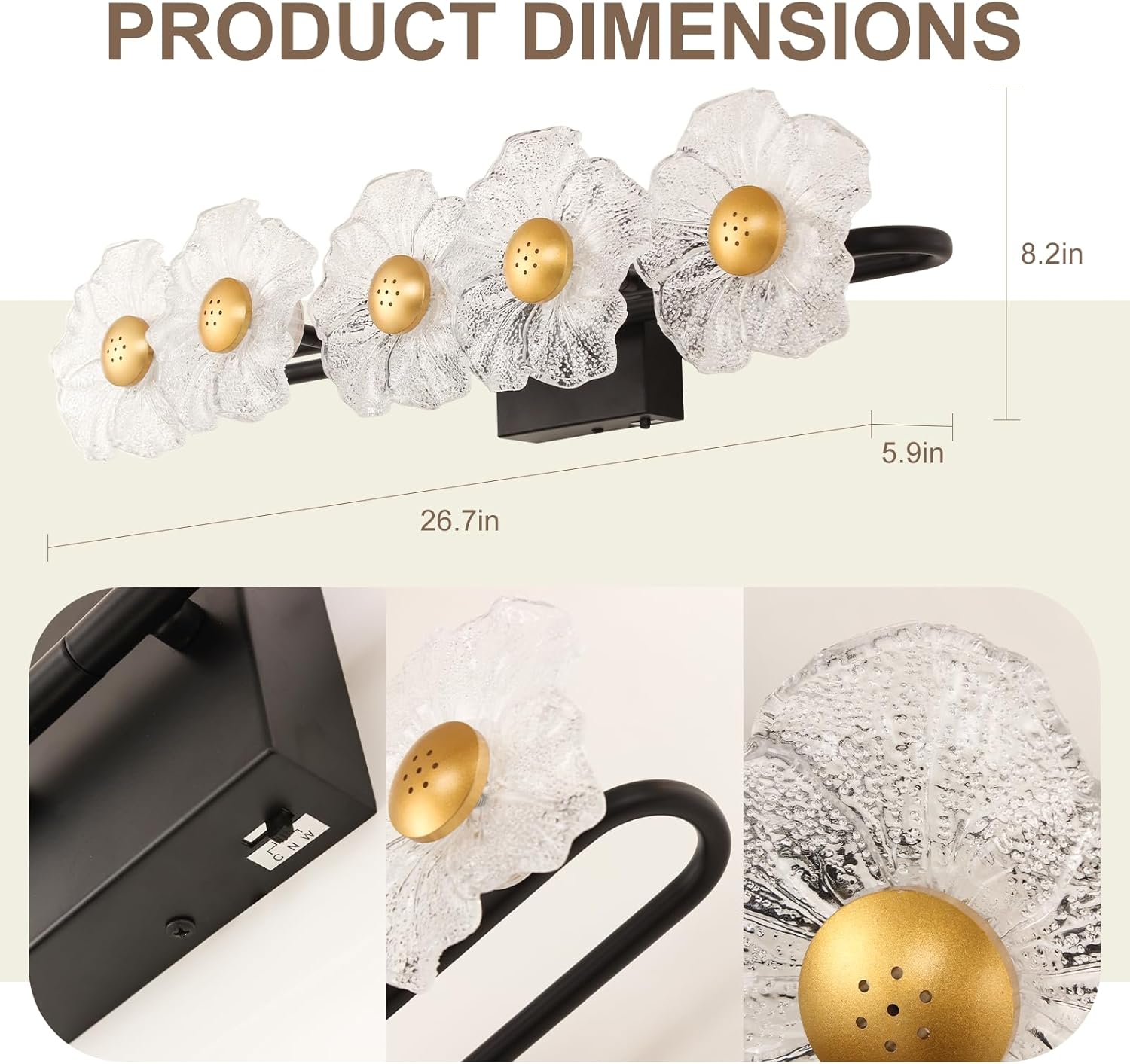 MantoLite 26.7'' Bathroom Light Fixtures Modern Vanity Light Over Mirror Adjustable 3000K-6000K Picture Lights Art Light with Floral Clear Glass Shades for Living Room Bedroom (5 Light Black)