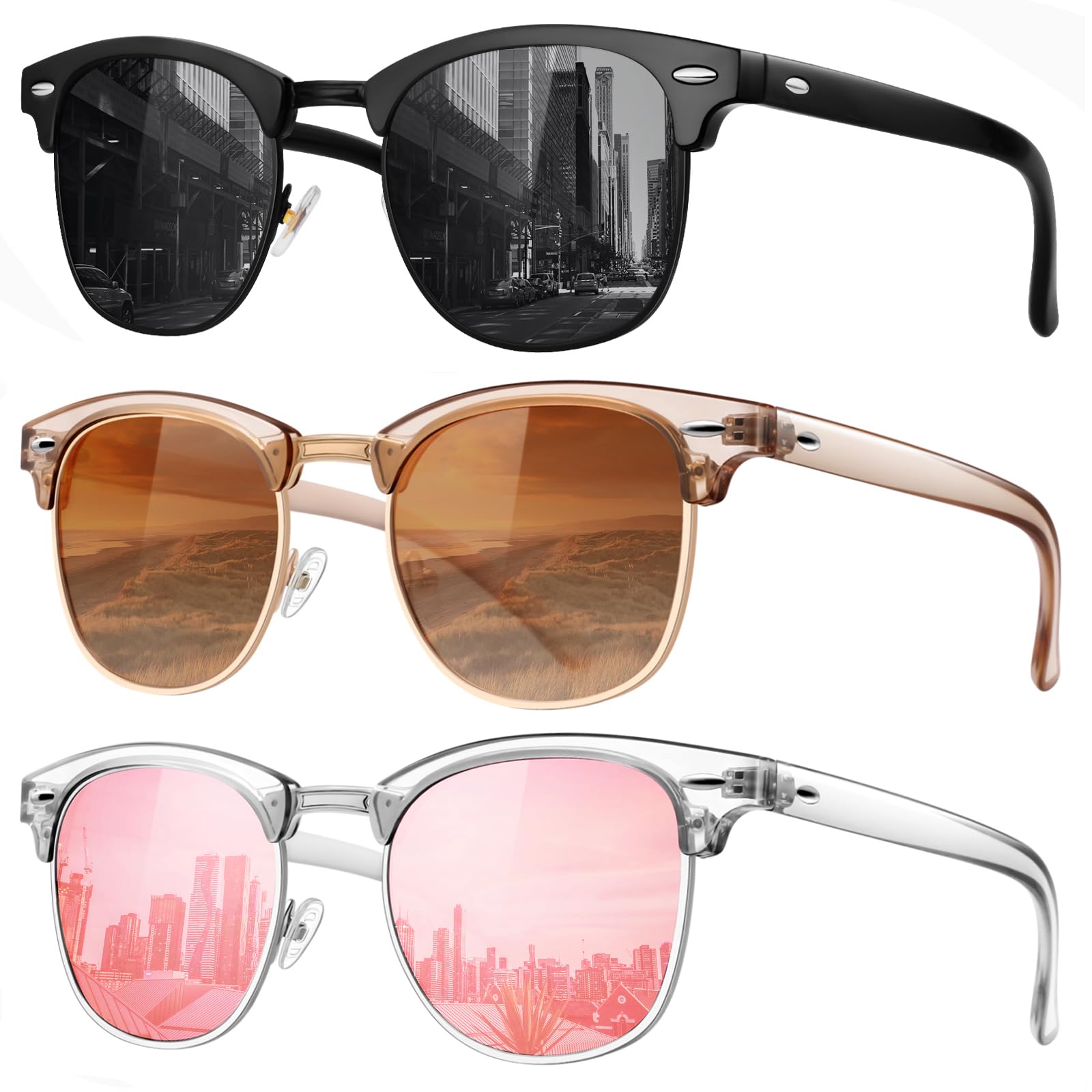 Classic Polarized Sunglasses for Men and Women Retro Style Semi Rimless Frame Sun Glasses 100% UV Protection Goggles