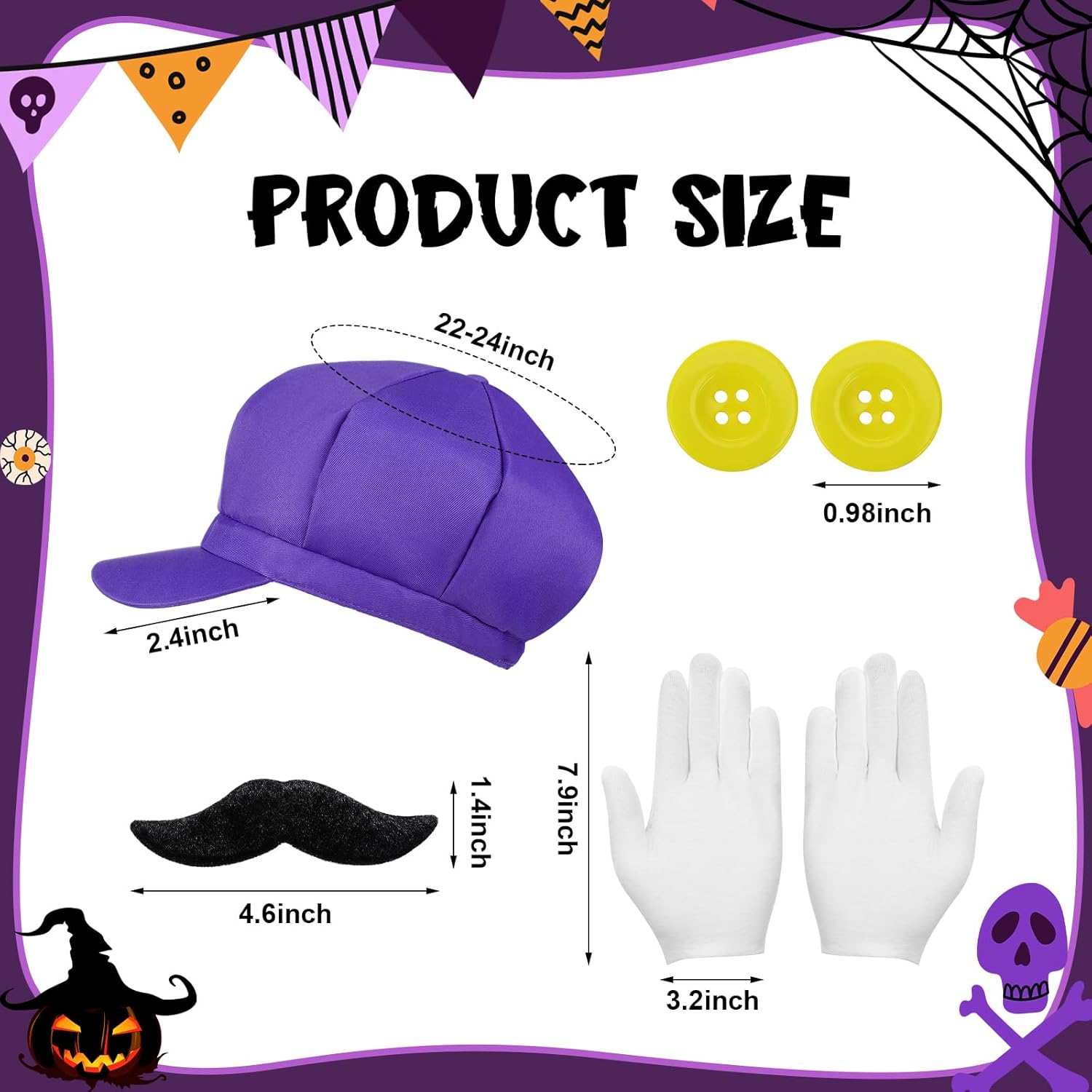7 Pcs Bad Plumber Costume Overall Purple Shirt Hat Mustache Gloves Button for 80s Video Game Cosplay Halloween
