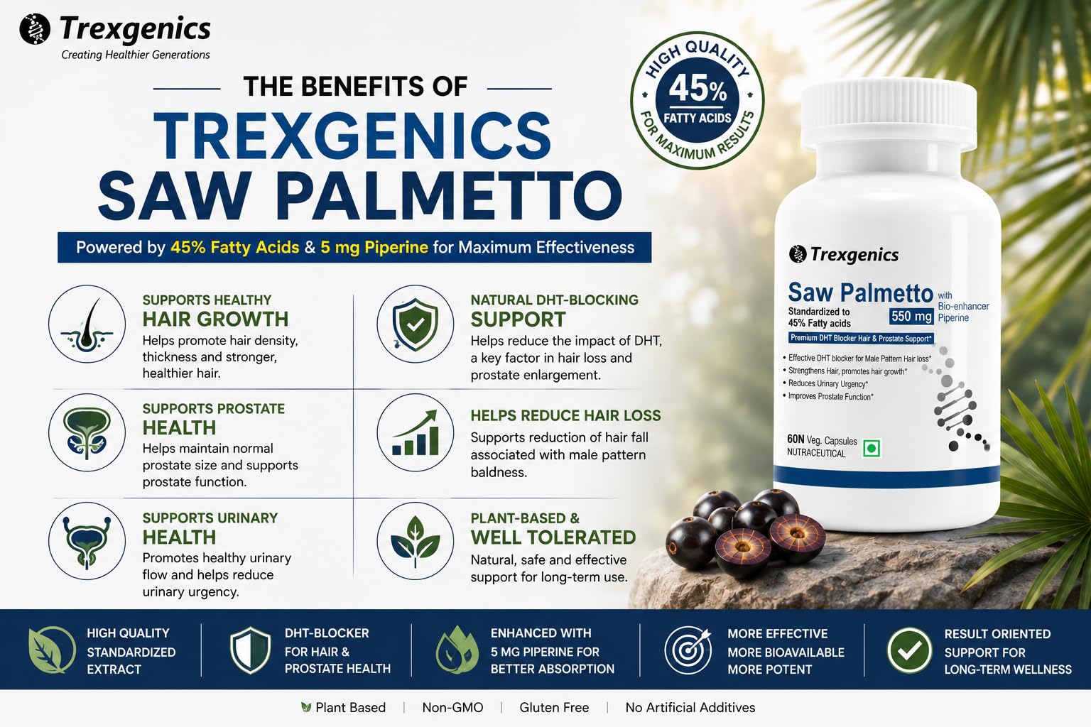 Trexgenics SAW PALMETTO Advanced - High Strength 45% Complex 550 mg with Bio-enhancer Piperine - Hair DHT Blocker & Prostate Support (60 Veg. Capsules) (1) 4