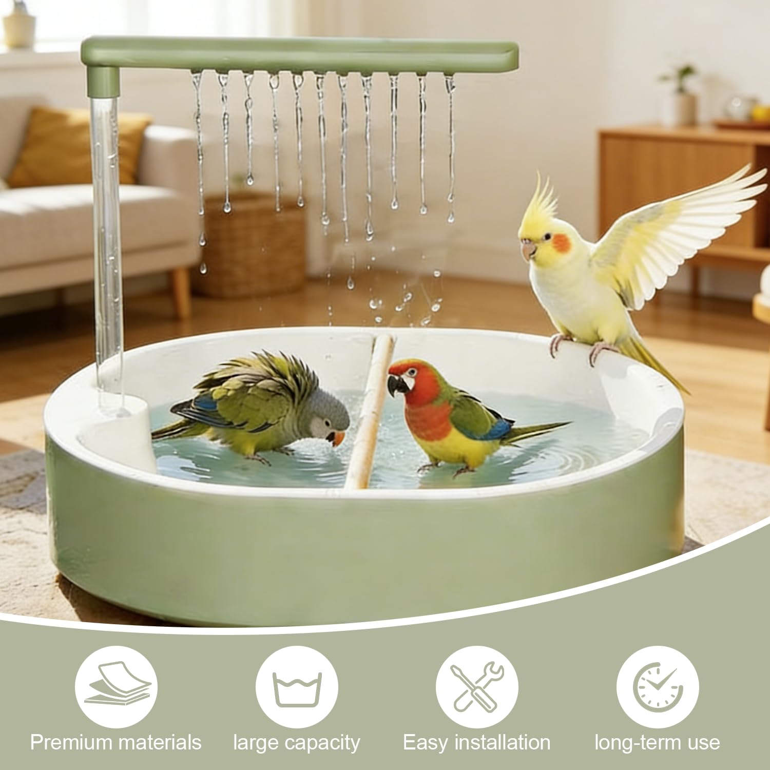 Vogeldusche Wellensittich mit Wasserfall & USB Strom, rutschfeste Vogelbadewanne für Käfig & Balkon,Vogelbad für Unzertrennliche Nymphensittiche Afrikanische Munias & Aras