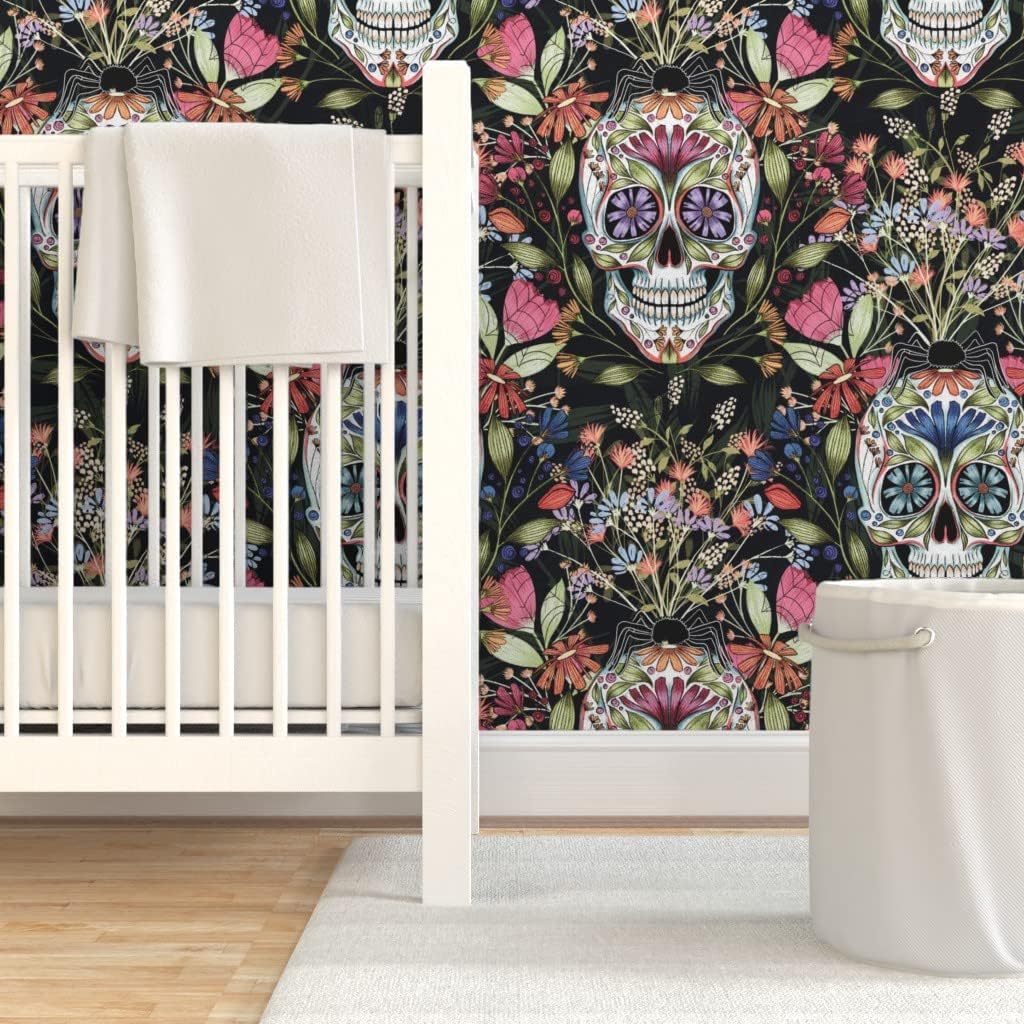 Spoonflower Peel & Stick Wallpaper 3ft x 2ft - Spooky Elegance Floral Skull Illustration Halloween Sugar La Dia De Los Muertos Custom Removable Wallpaper