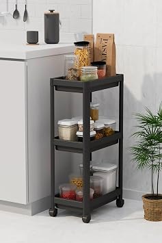 3 Tiers Wheel Shelving Unit - Bathroom & Kitchen Organizer - Multi-Purpose Service Stand - Practical Storage Solution for Narrow Spaces (BLACK)