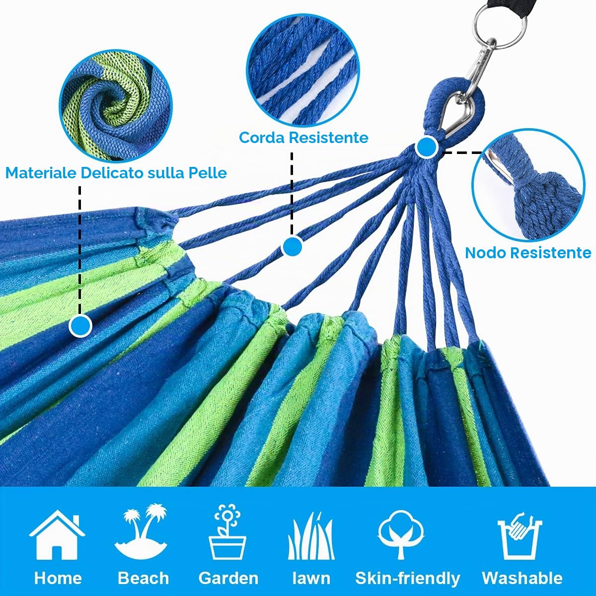 flintronic Amaca da Giardino, Amaca da Esterno per Giardino, Barre per la Diffusione, Massima capacità di Carico 300KG, Amache di Cotone per Esterno Campeggio Viaggio, 210 x 150CM, Blu