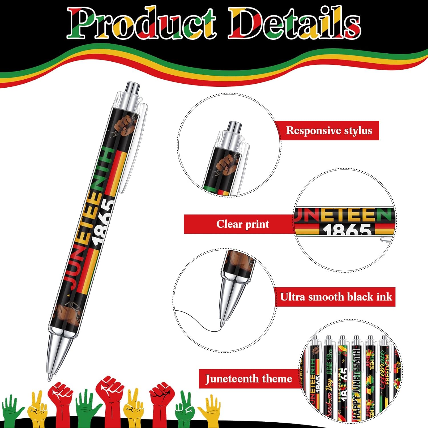 Cholemy 48 Pcs Juneteenth Pens Bulk Happy Juneteenth Day Ballpoint Pens Freedom Day Pens Black Americans Independence 1865 Theme Pens for African Afro American Juneteenth Holiday Party Supplies
