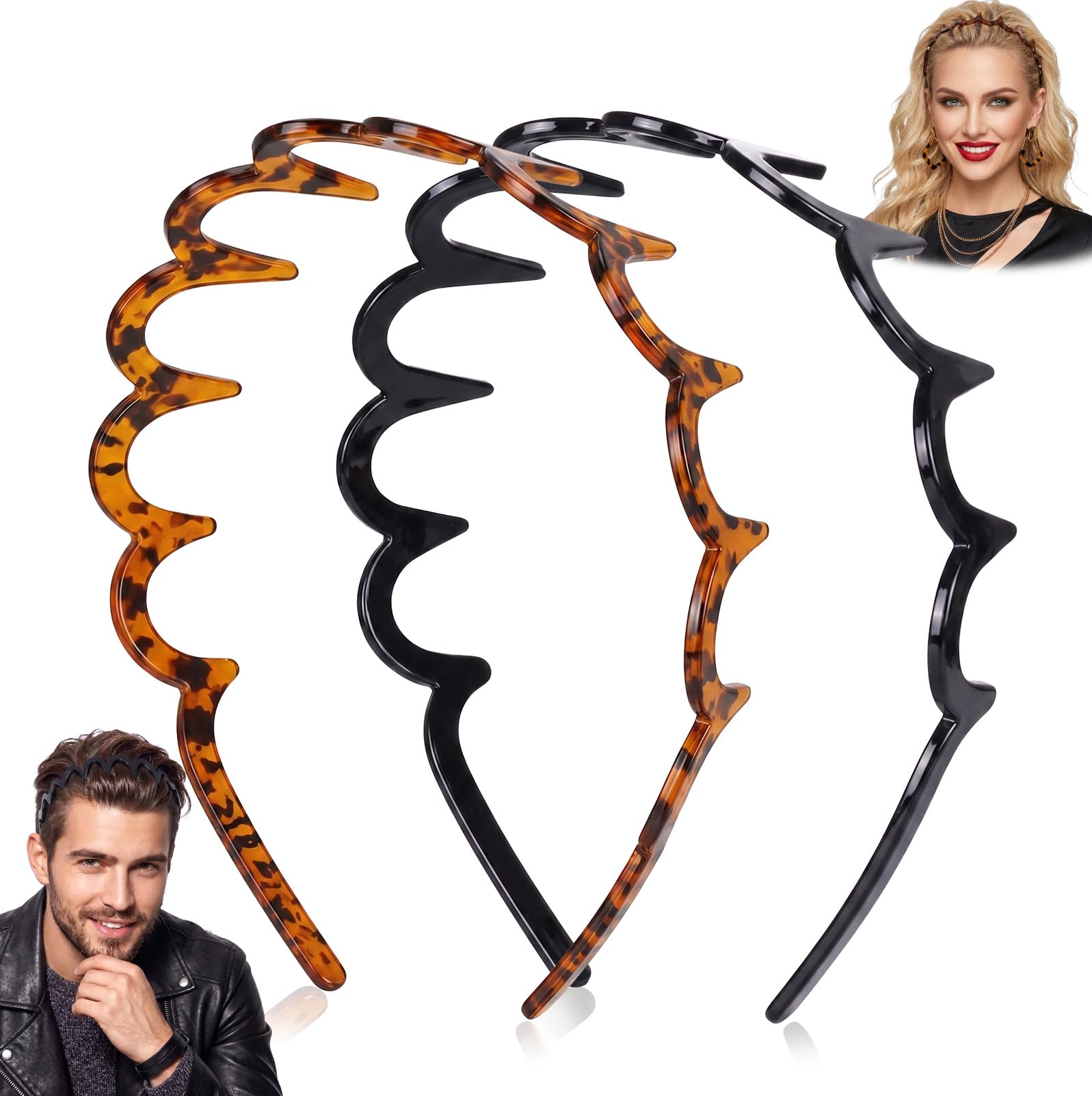 Tepoobea Zig Zag Headbands for Women, 2 Pack Non Slip Zigzag Comb Headband with Teeth, Wavy Plastic Hair Bands for Slicked Back Styles, 90s Hair Accessories, Gifts for Women (Black & Tortoise)