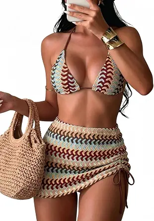 Women's Boho 3-Piece Crochet Bikini Set with Cover-Up Skirt