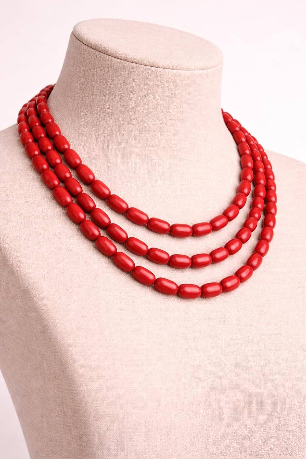 Handcrafted 3-Strand Coral Beads Necklace for Women Multi-Layer Statement Necklace Available in Multiple Bead Sizes & Shapes