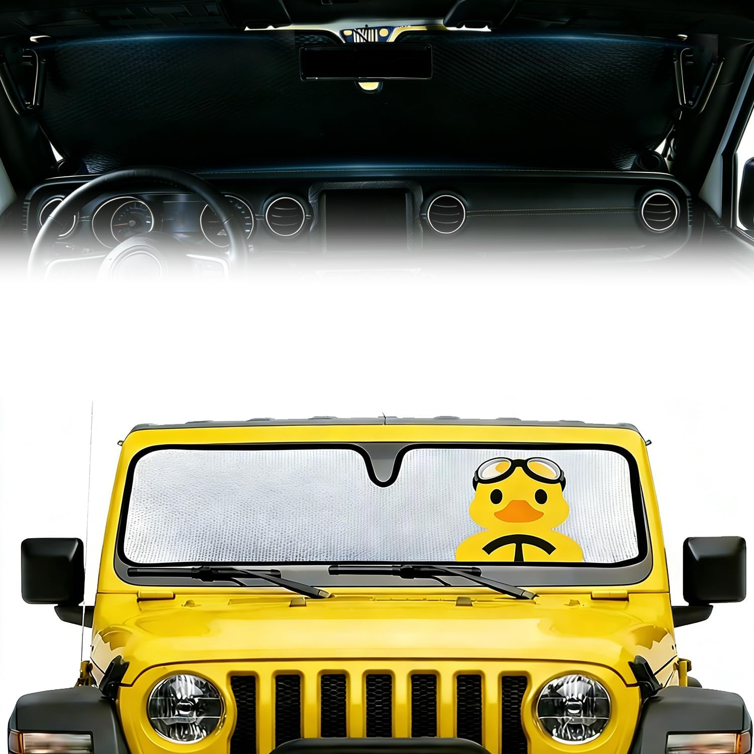 Windshield Sun Shade for Jeep Wrangler JK JL JLU JKU 1997-2025& Jeep Gladiator JT 2/4 Door 2020-2025 Funny Duck Folding Front Window Shade Cover for UV Rays & Heat Protection