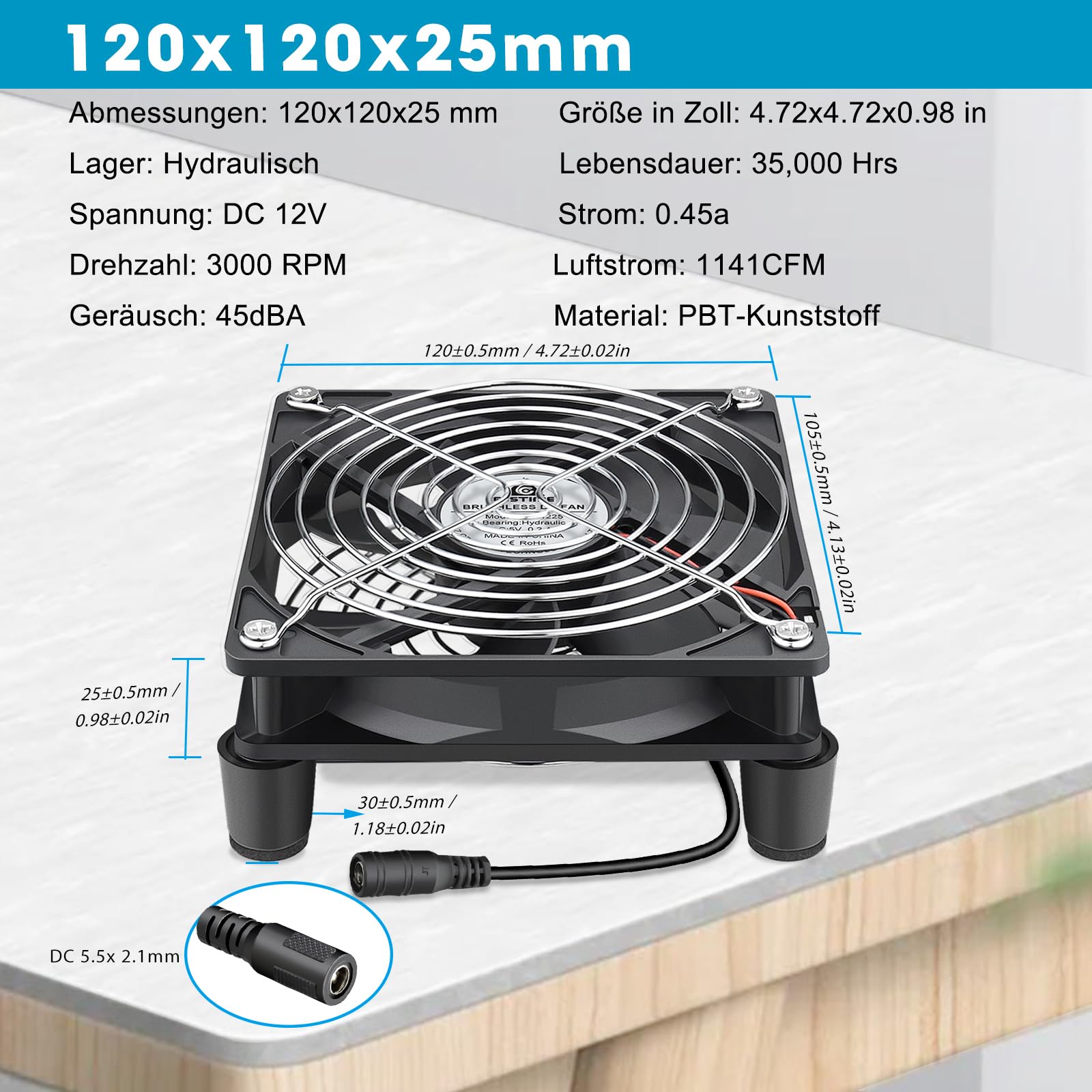 GDSTIME 120mm Lüfter 230V 120 x 120 PC Computer Lüfter 220V 120mm Gehäuselüfter mit DC 4V - 12V Einstellbare Geschwindigkeiten Kontrolle für Laptop TV Box Router Schrank Wechselrichter
