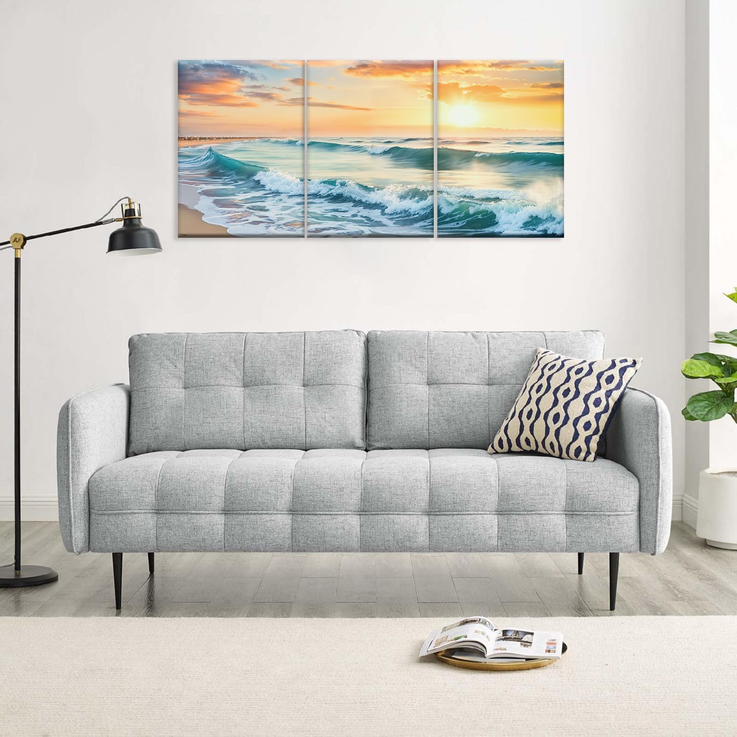 MODOJOART Beach Canvas Wall Art, Ocean Waves Canvas Print Pictures Sunset Seascape Posters Paintings for Living Room Bedroom Decor Set of 3(Artwork-01, 12"x16")