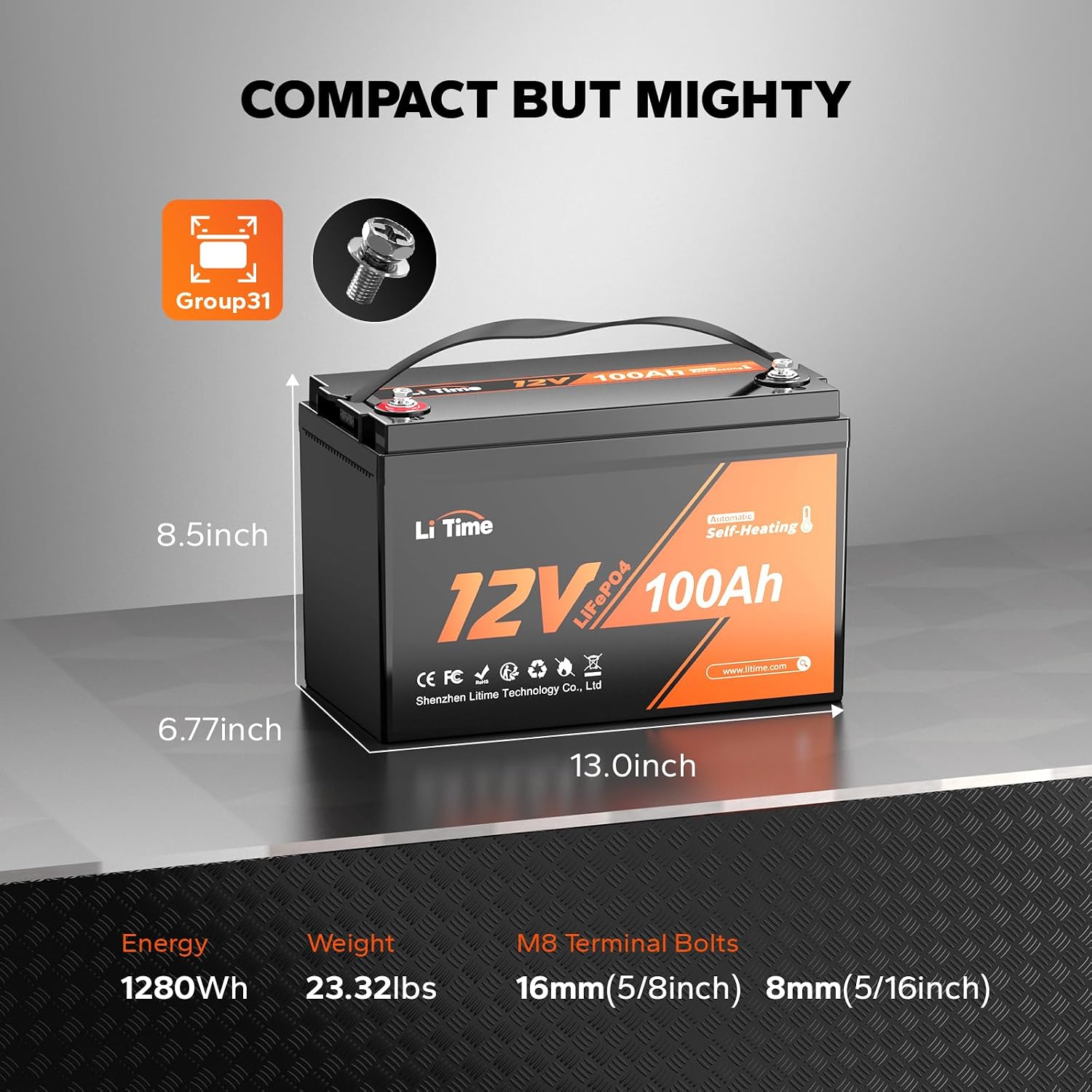 LiTime 12V 100Ah Self-Heating LiFePO4 Lithium Battery (Group31), Max. 15000 Deep Cycles Battery, 1280W Load Power Perfect for Trolling Motor, RV, Marine.