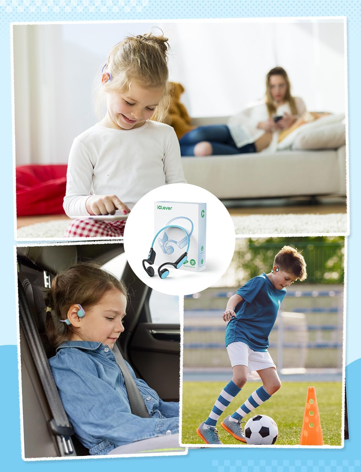 iClever Cuffie per bambini a conduzione ossea, sicurezza per orecchie aperte, impermeabili IPX5, piegatura a 360°, cuffie leggere per bambini wireless Bluetooth 5.3, auricolari per bambini USB-C per