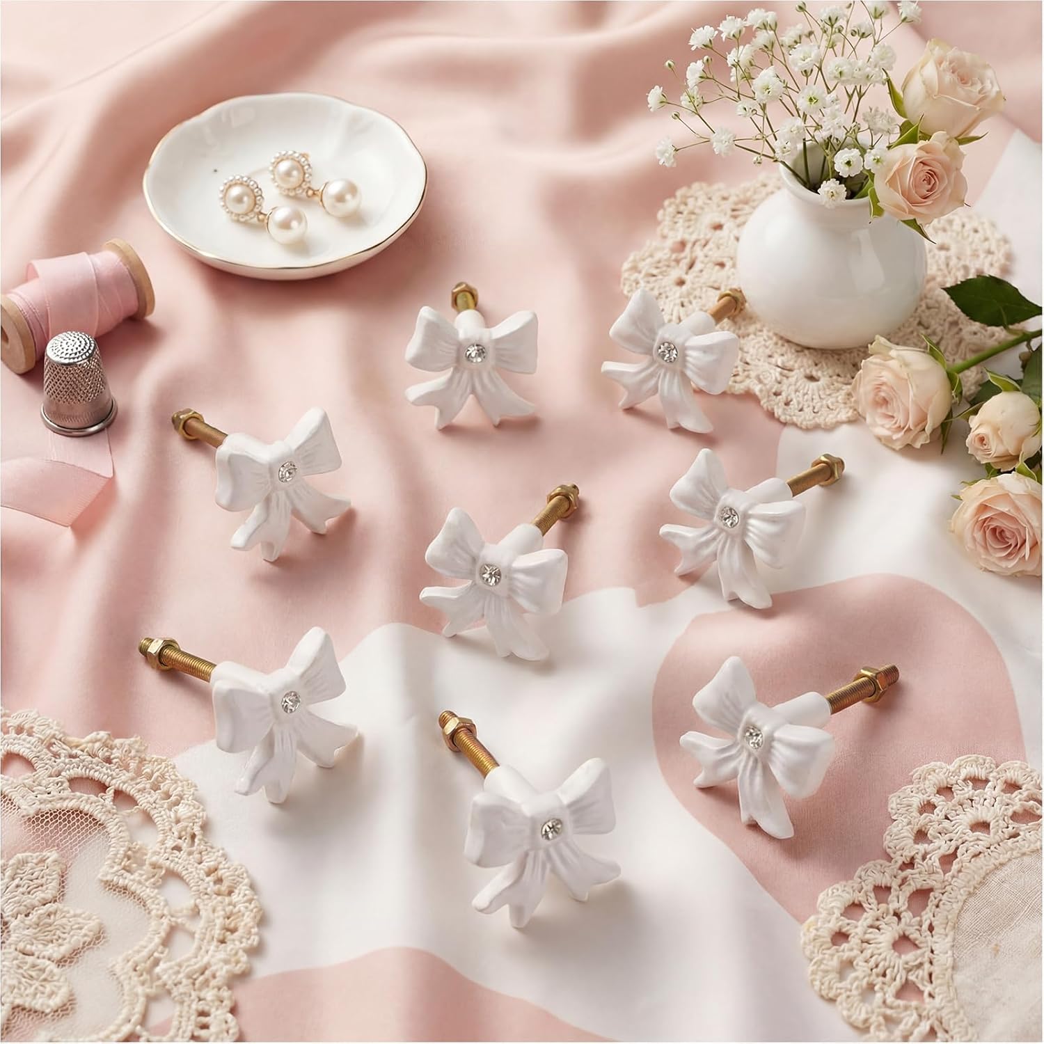 MorningRo 8 Pcs White Bow Dresser Knobs Cast Iron Drawer Cabinet Knobs Coquette Girly Bow Vintage Decorative Drawer Pull Handles for Nursery Girls Room Vanity Wardrobe Bedroom Kitchen Home Decor